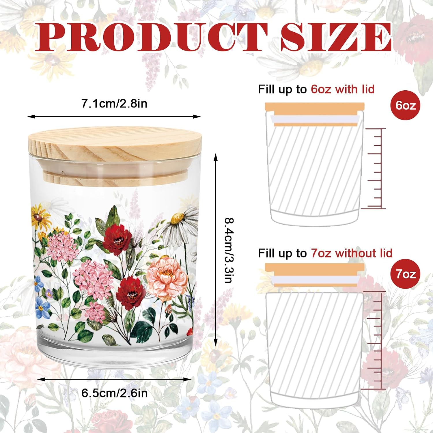 Whaline 12Pcs Wildflower Empty Candle Jar with Wooden Lid 7 oz Spring Floral Glass Candle Container for Candles Making Storing Kitchen Table Centerpiece Decoration