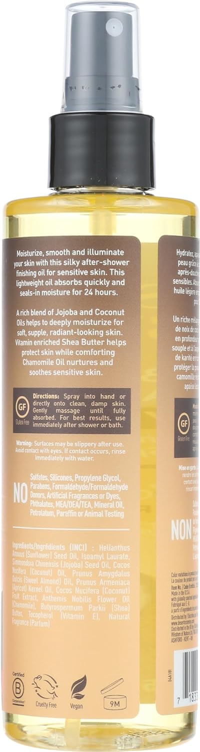 Desert Essence Jojoba, Coconut & Chamomile Body Oil Spray, 24-Hour Moisture After Shower Finishing Oil for Sensitive Skin, Fast-Absorbing Hydration, 8.28 fl oz