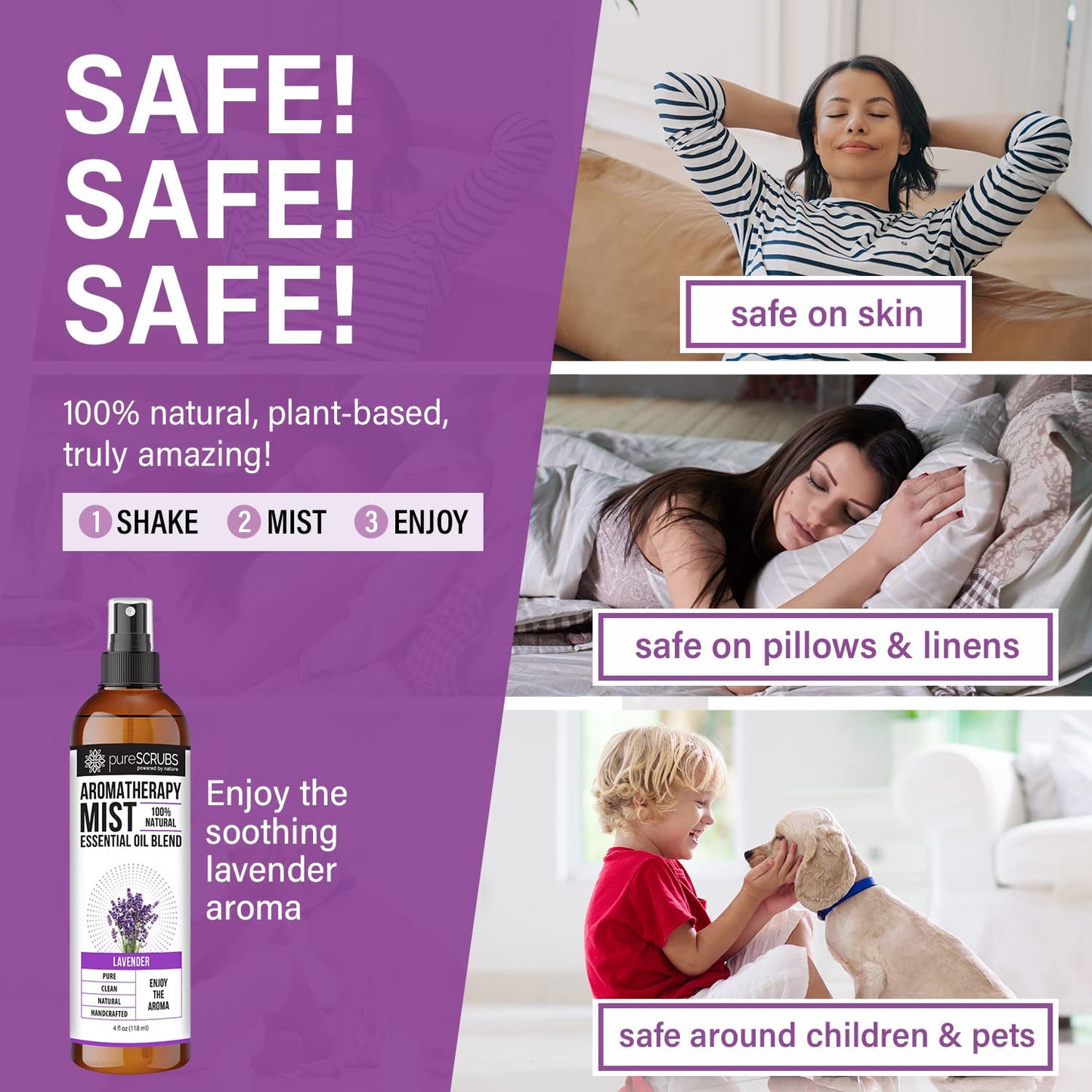 Shake, Mist & Enjoy - pureSCRUBS Premium Lavender Aromatherapy Spray Mist for Room, Body, Linens, Pillows 100% Natural Essential Oils Plant Based Formula, One 4oz Bottle