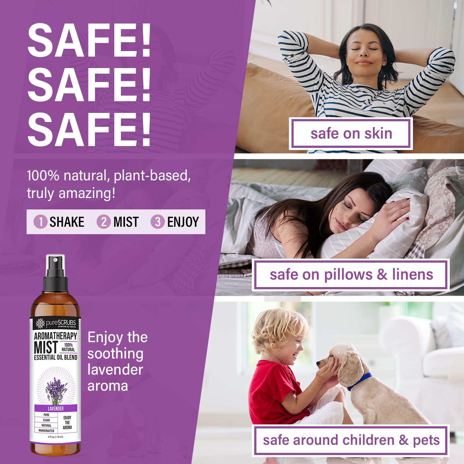 Shake, Mist & Enjoy - pureSCRUBS Premium Lavender Aromatherapy Spray Mist for Room, Body, Linens, Pillows 100% Natural Essential Oils Plant Based Formula, One 4oz Bottle