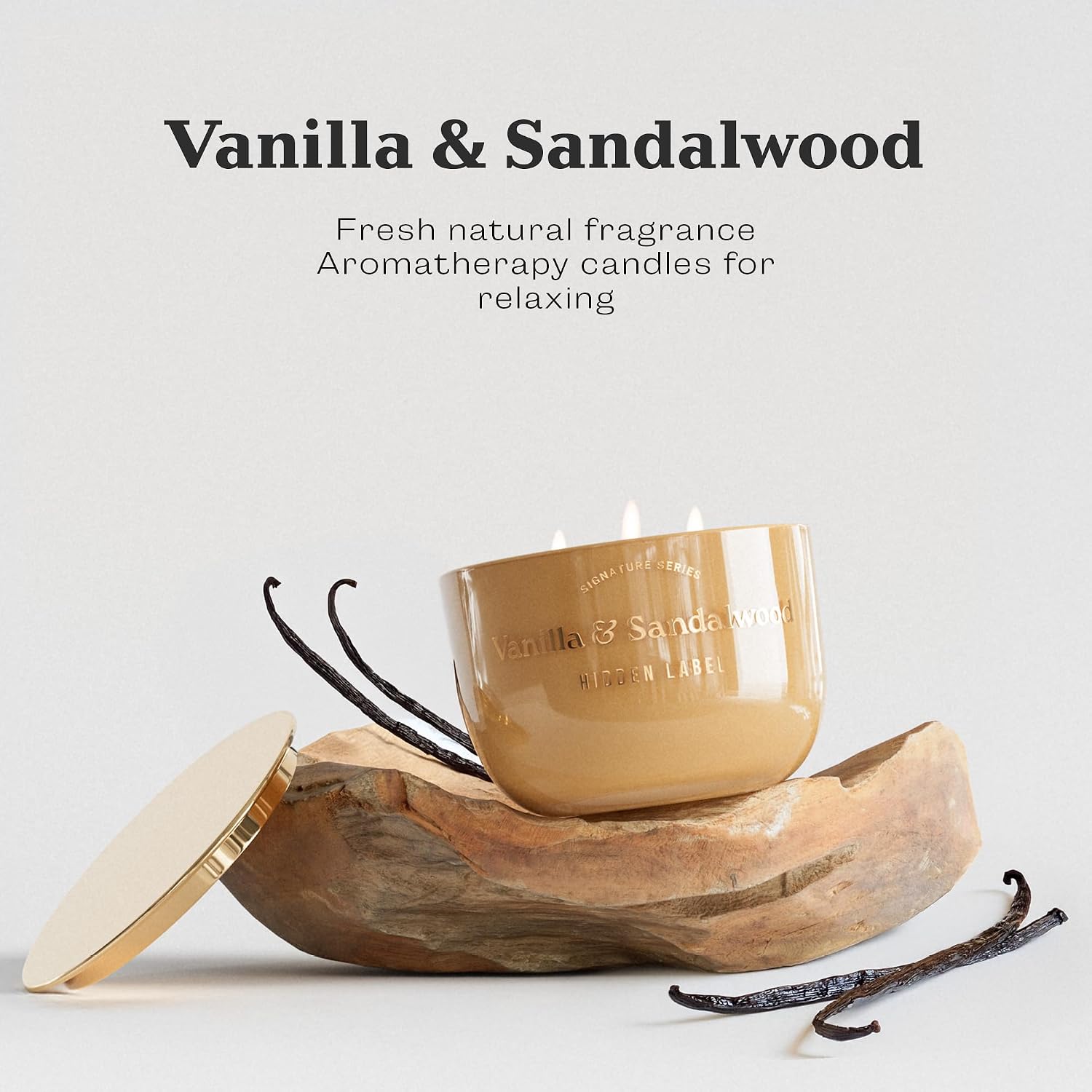 Hidden Label Vanilla Sandalwood Scented Candle, 18oz Large 3 Wick Natural Soy Wax Candle, 70 Hours Burn Time Non Toxic Aromatherapy Candle for Home, Luxury Home Décor & Gift for Women