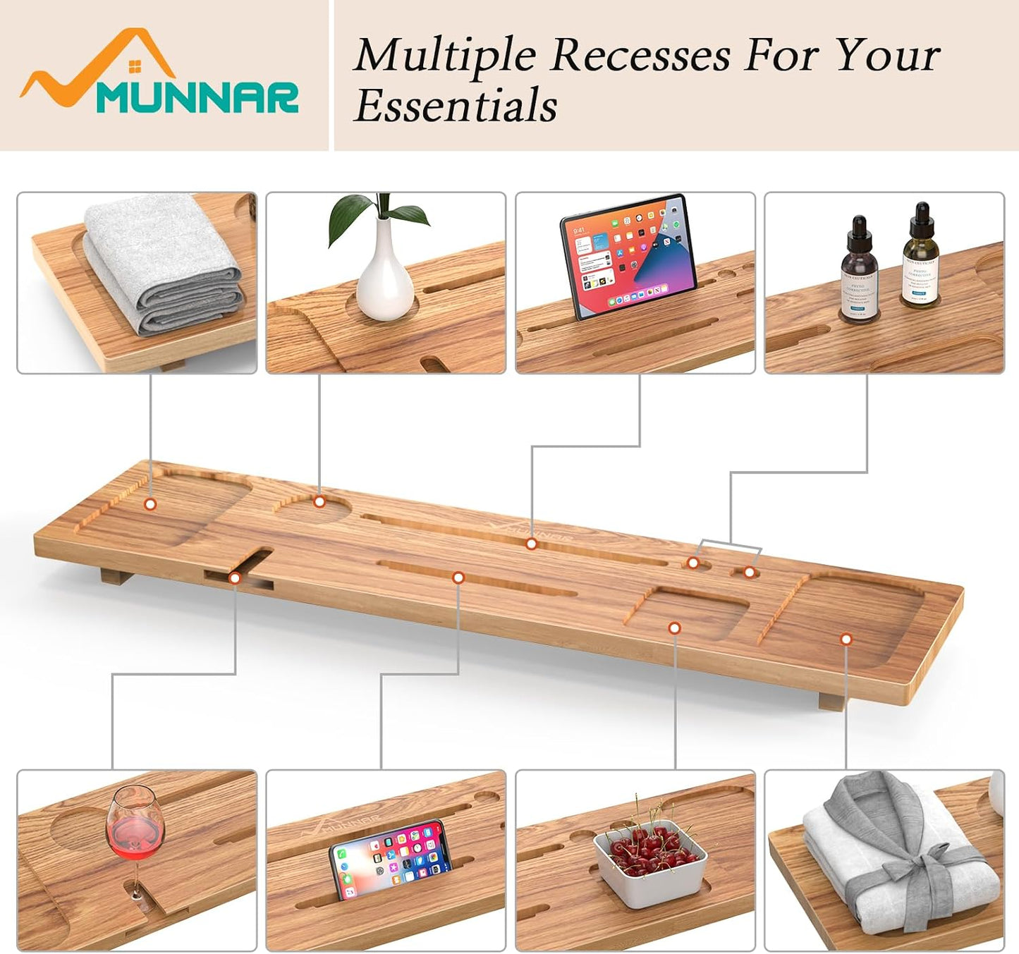 Bathtub Tray for Freestanding Bath, Solid Pine Wood Bath Tray for Tub, Bath Caddy for Home Spa, Adjustable Bathtub Trays for Tub, with Bathtub Accessories Holders, Patent Design, 35x9