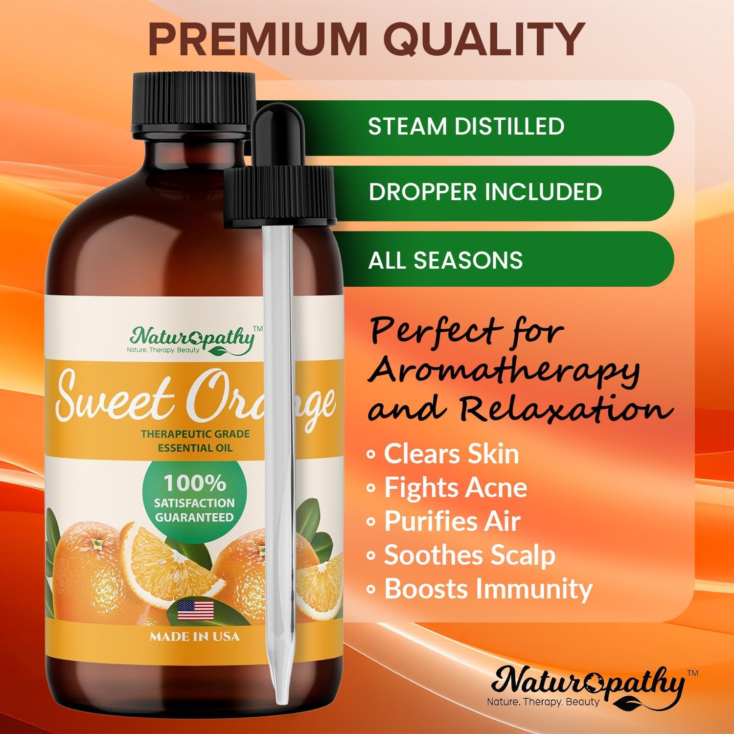 Naturopathy Sweet Orange Essential Oil Therapeutic Grade Premium Quality Oil with Glass Dropper - Huge 4 fl. Oz - Perfect for Aromatherapy and Relaxation