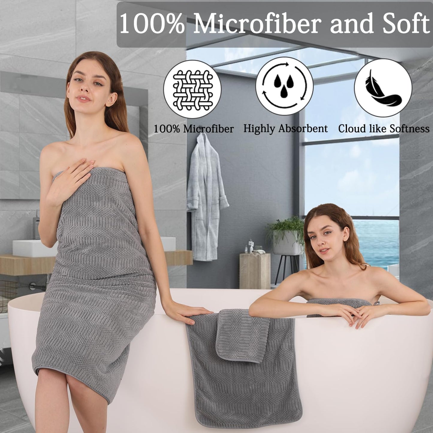 8 Piece Bath Towel Set-2 Oversized Bath Sheets(35"x70"),2 Hand Towels,4 Washcloths-Extra Large Microfiber Towel Sets,Less Lint Highly Absorbent & Quick Dry Bath Towels for Bathroom Gym Pool, Grey