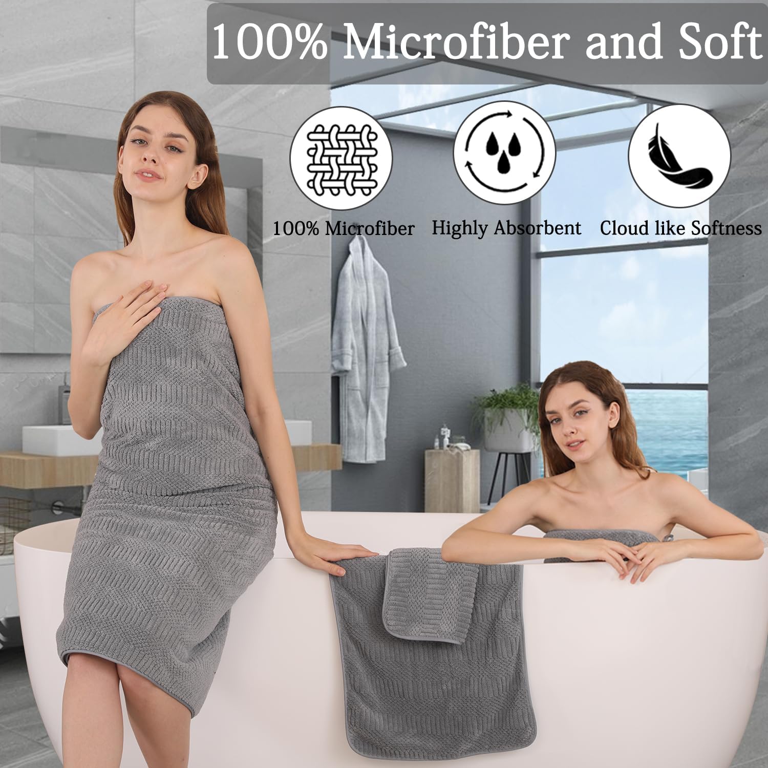 8 Piece Bath Towel Set-2 Oversized Bath Sheets(35"x70"),2 Hand Towels,4 Washcloths-Extra Large Microfiber Towel Sets,Less Lint Highly Absorbent & Quick Dry Bath Towels for Bathroom Gym Pool, Grey