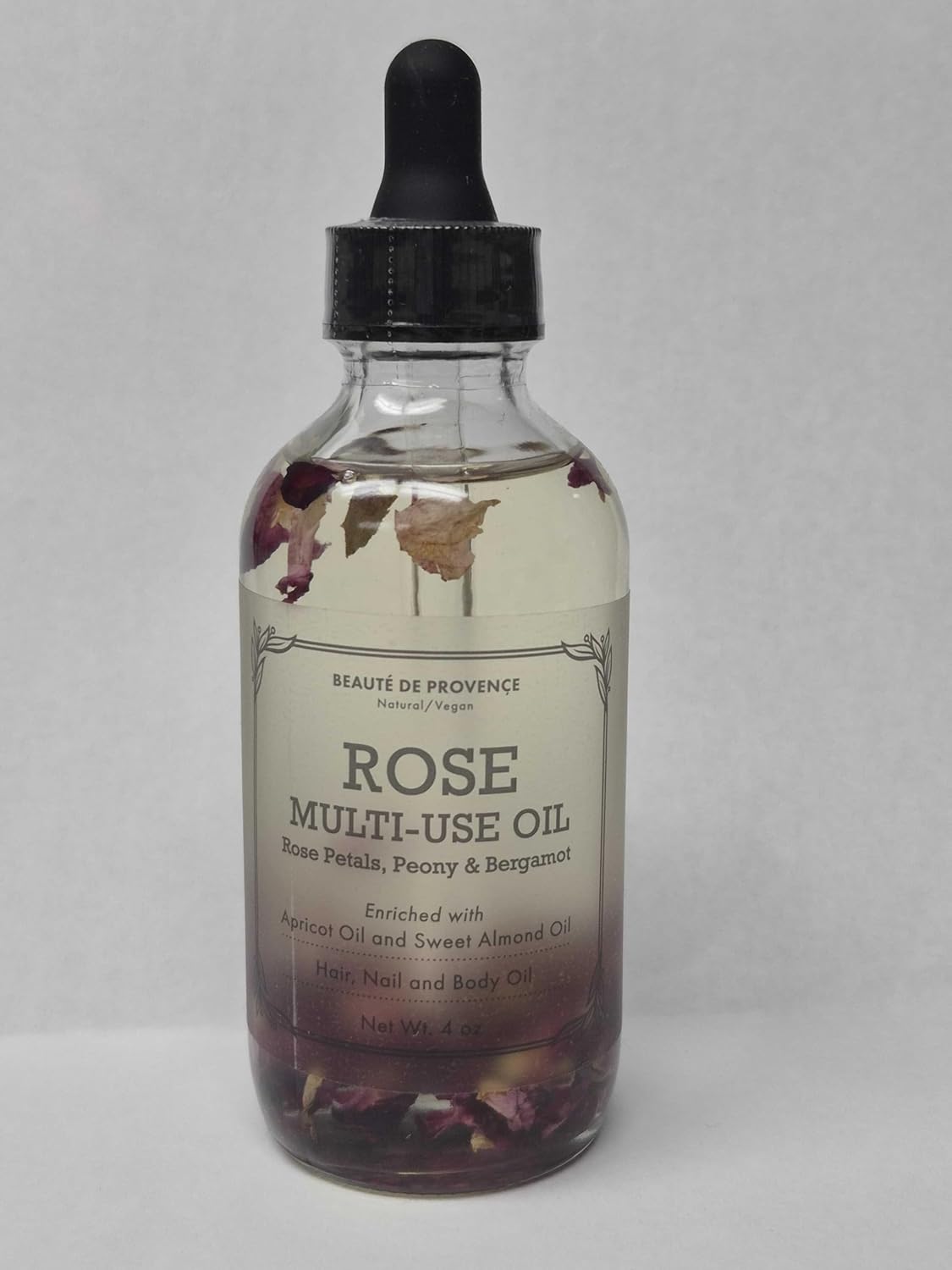 BEAUTE DE PROVENCE Multi-Use Oil for Face, Body and Hair - Organic Blend of Apricot, Vitamin E and Sweet Almond Oil Moisturizer for Dry Skin, Rose Petals, Bergamot Essential Oil - 4 Fl Oz