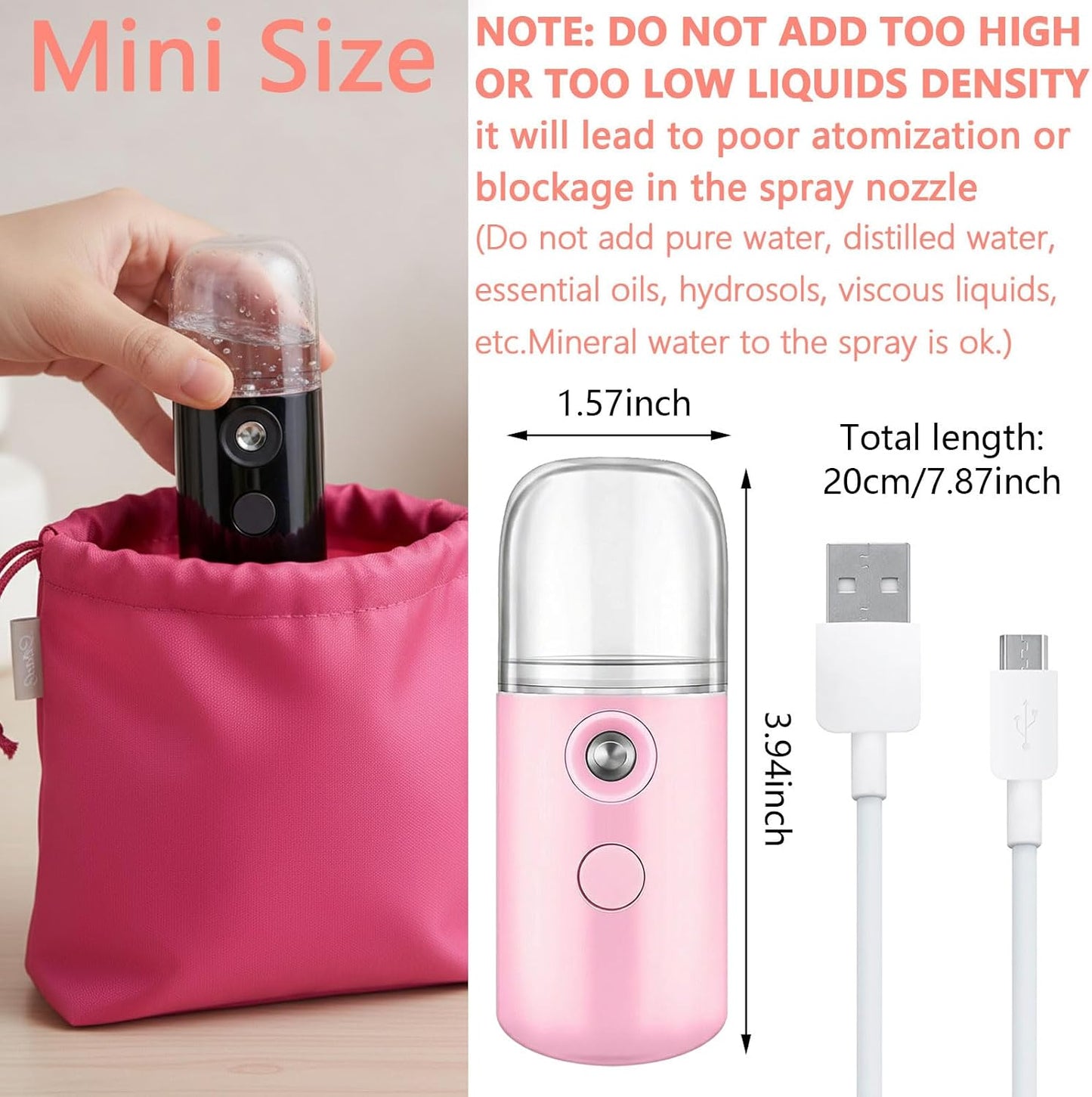 Mudder 4 Pcs Nano Facial Mister Handy Nano Mist Sprayer 30ml Visual Water Tank Portable Face Steamer Mini USB Mister for Lash Extensions, Skin Care, Makeup(Black, Blue, Light Pink, Pink)