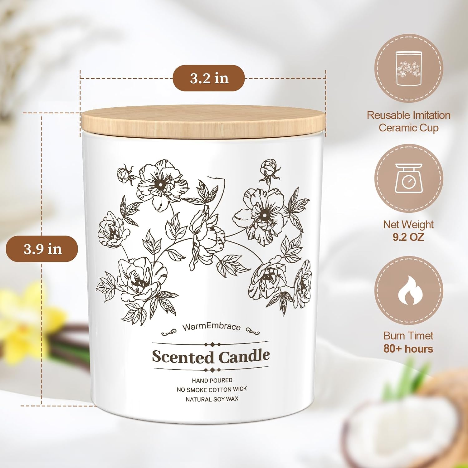 Deluxe Scented Candle for Women & Men, Vanilla Coconut Soy Wax Candle, 9.2 Oz Jar Candle for Home, Scented-80 Hour Long Lasting Burning, Suitable Present for Mom