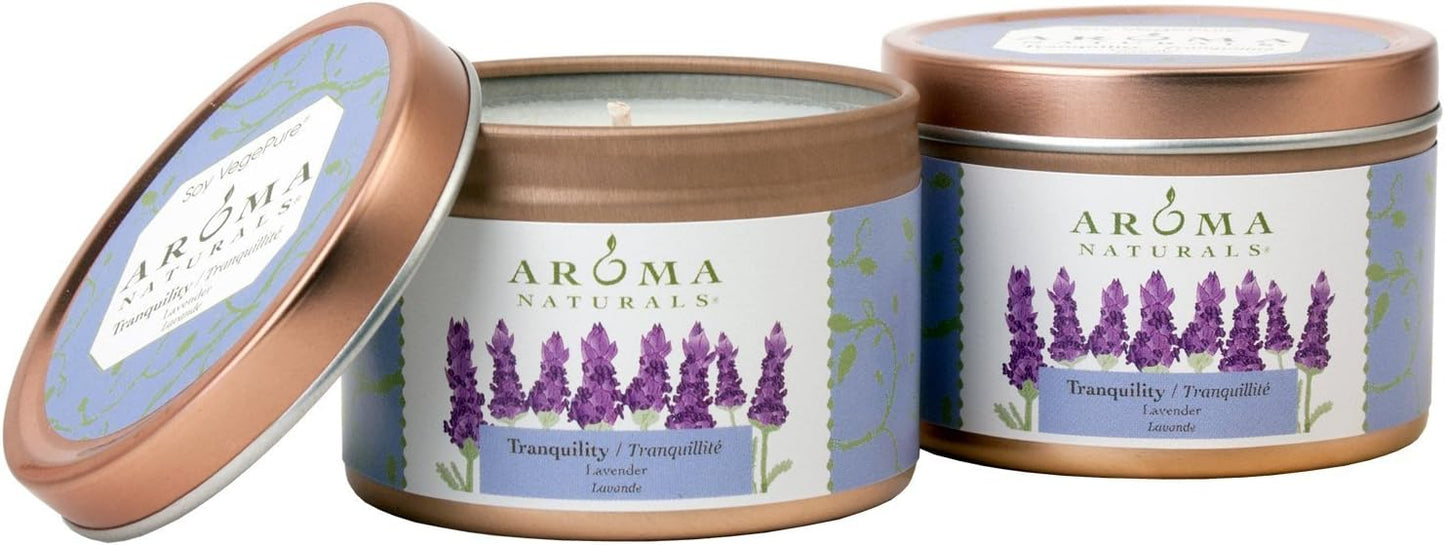 Aroma Naturals Tin Candle Lavender Essential Oil Natural Soy Scented, Tranquility, 2 Count