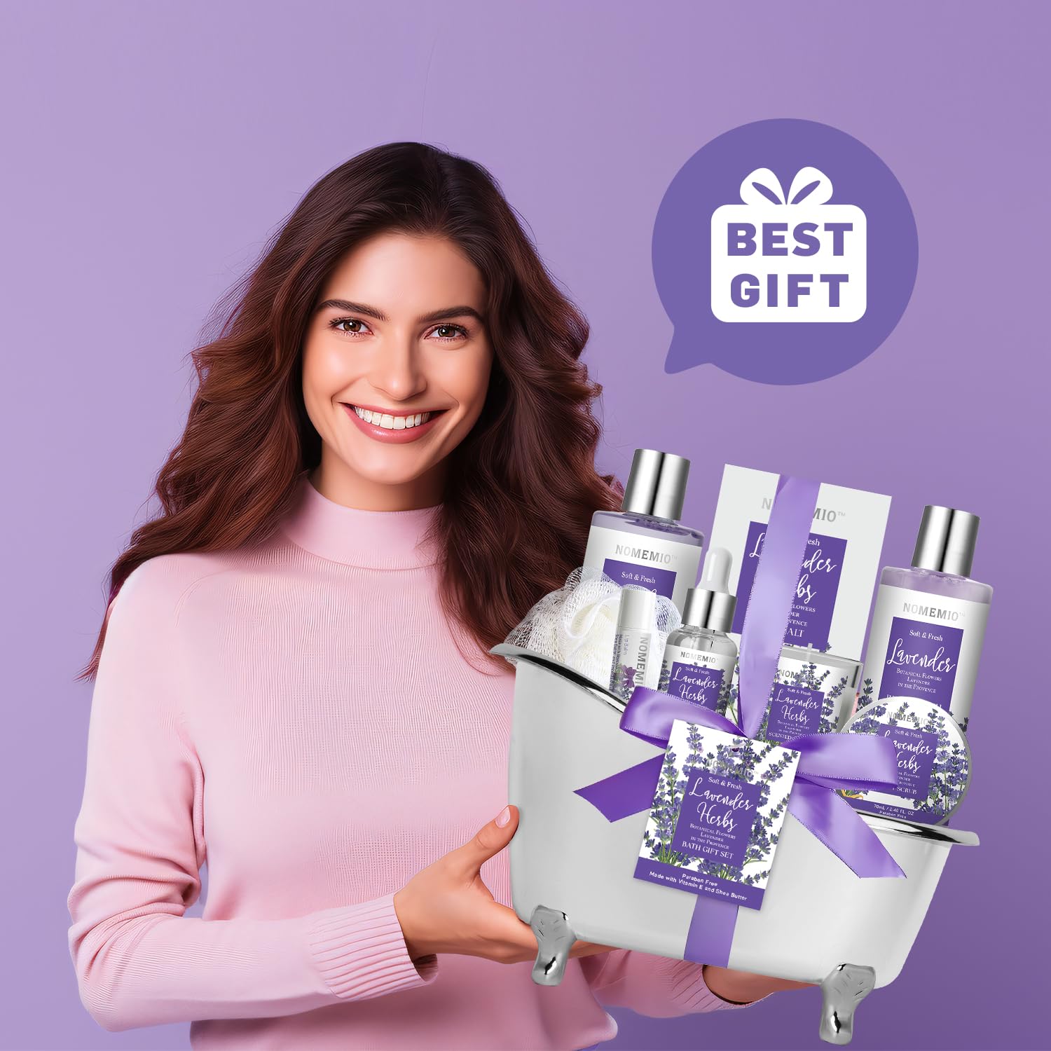 Mother's Day Gift, Spa Gift Basket for Women, 8pcs Lavender Spa Kit Set with Body Wash, Bubble Bath, Scrub, Bath & Beauty Skin Care Gift Sets, Christmas Gifts Set for Women, Her, Mom