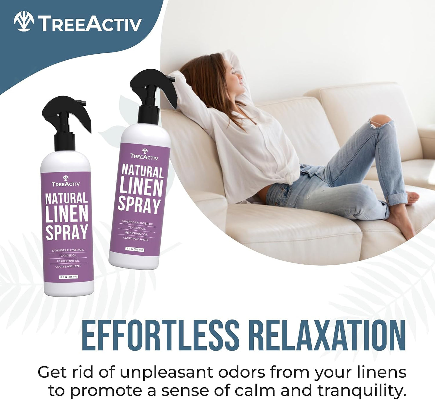 TreeActiv Natural Linen Spray, 8 fl oz, Lavender for Sleep, Beddings, Pillows, and Sheets With Tea Tree, Pillow Mist Freshener, 2000+ Sprays