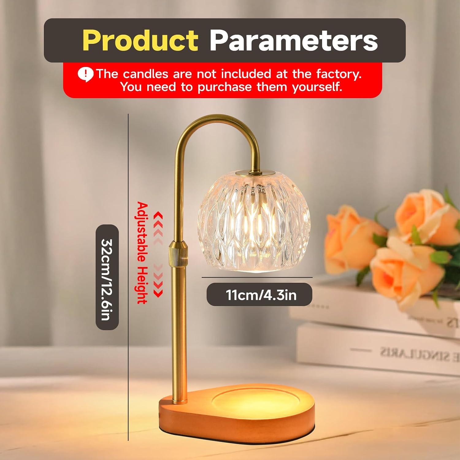 WEILASA Candle Warmer Lamp Crystal Glass Shade, Electric Candle Melter with Adjustable Wooden Bottom seat for Home Warm Home Decoration Gifts-Gold