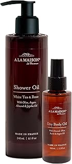 A LA MAISON Amber Collection White Tea & Rose Duo: Shower Oil - 3.3 oz Moisturizing & Fast-Absorbing Body Oil, 8.1 oz Hydrating Body Wash Alternative