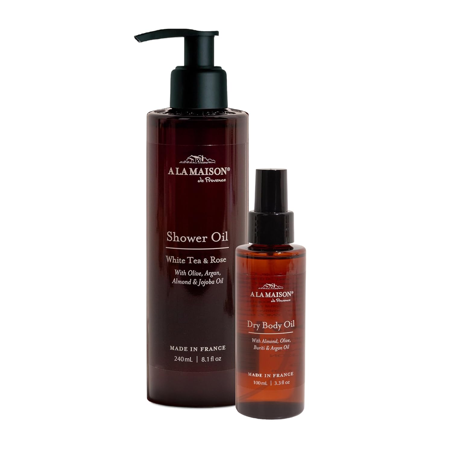 A LA MAISON Amber Collection White Tea & Rose Duo: Shower Oil - 3.3 oz Moisturizing & Fast-Absorbing Body Oil, 8.1 oz Hydrating Body Wash Alternative