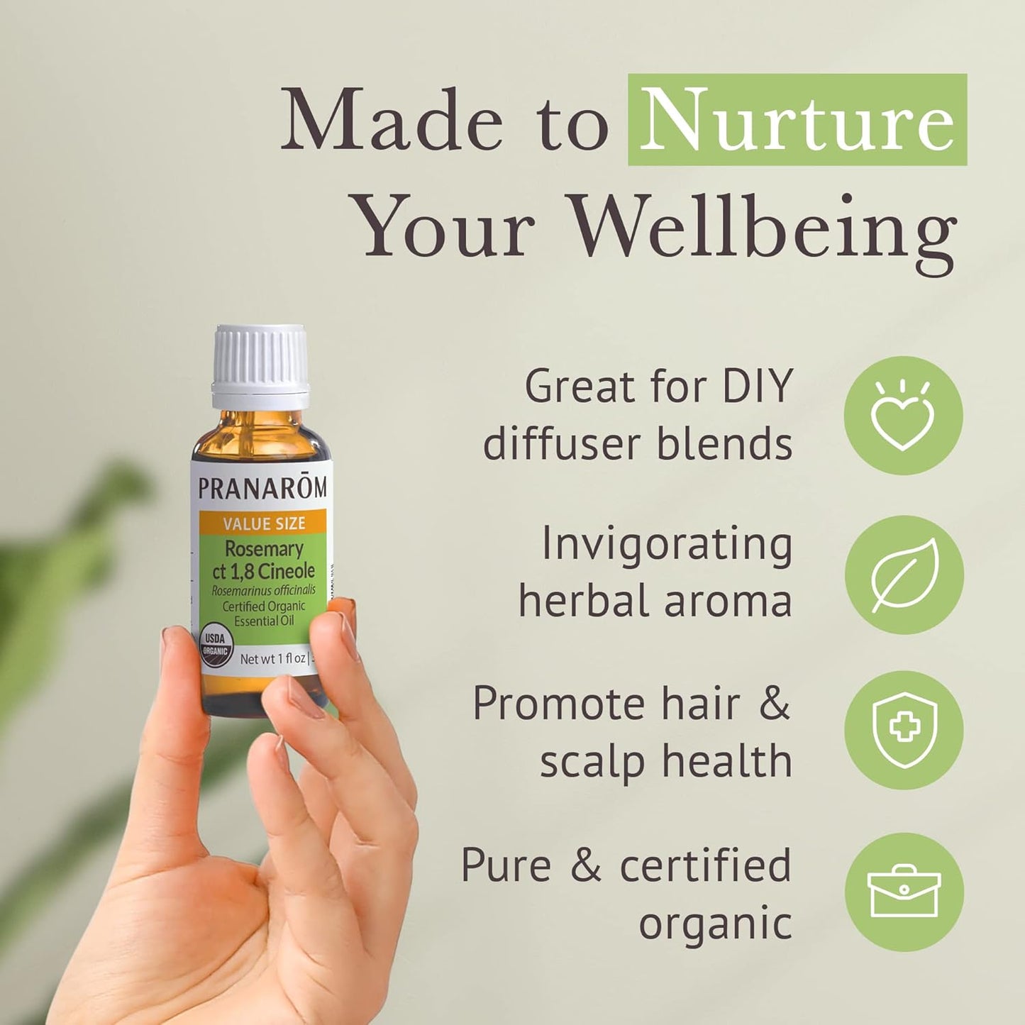 Pranarom USDA Certified Organic Rosemary Cineole Essential Oil (30ml), 100% Pure Undiluted Therapeutic Grade from Tunisia for Aromatherapy, Diffuser, Meditation, Massage, Relaxation