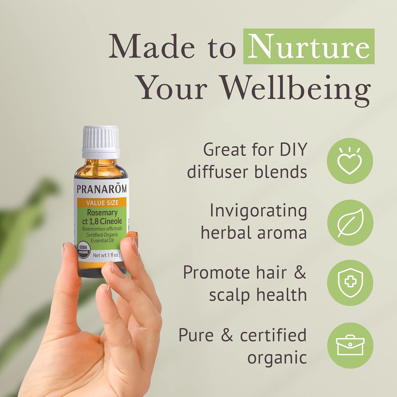 Pranarom USDA Certified Organic Rosemary Cineole Essential Oil (30ml), 100% Pure Undiluted Therapeutic Grade from Tunisia for Aromatherapy, Diffuser, Meditation, Massage, Relaxation