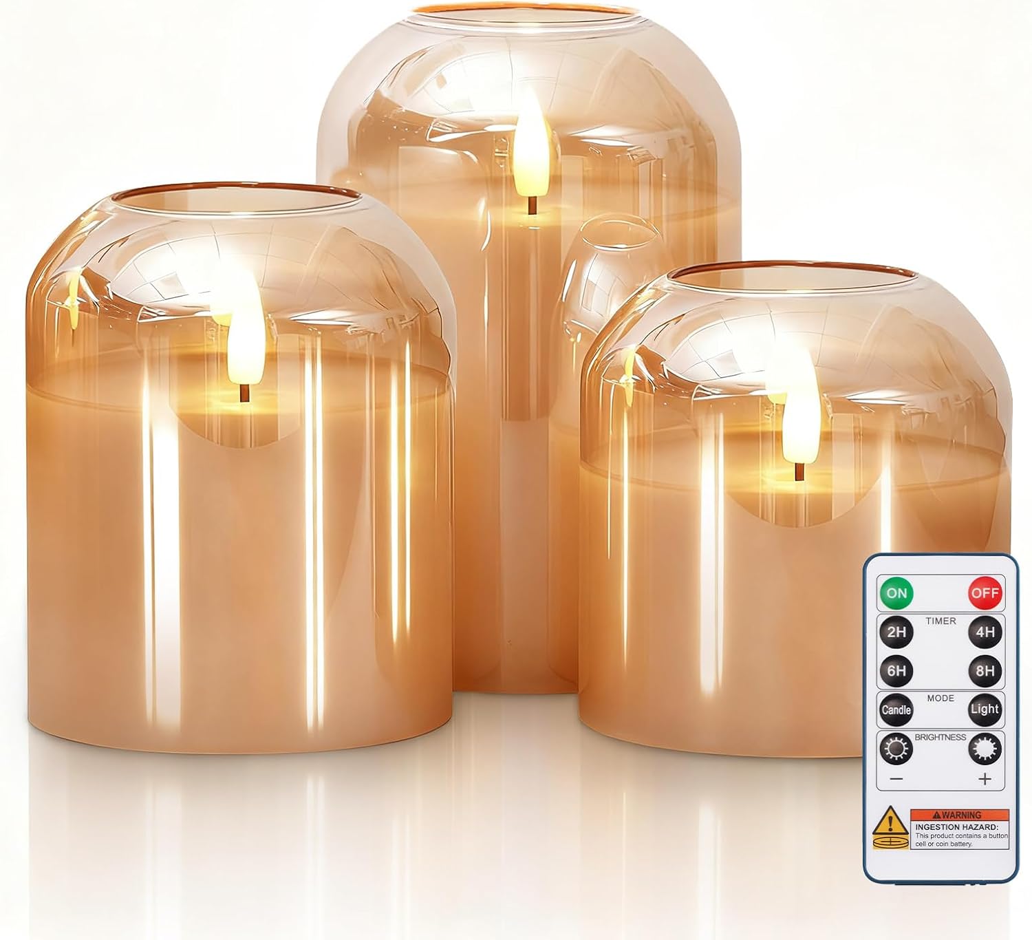 Homemory Glass Flameless Candles, Battery Operated Plliar Candles Realistic Flickering, LED Electric Light with Remote and Timer for Home, Christmas Decoration, Gold, Set of 3