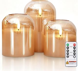 Homemory Glass Flameless Candles, Battery Operated Plliar Candles Realistic Flickering, LED Electric Light with Remote and Timer for Home, Christmas Decoration, Gold, Set of 3