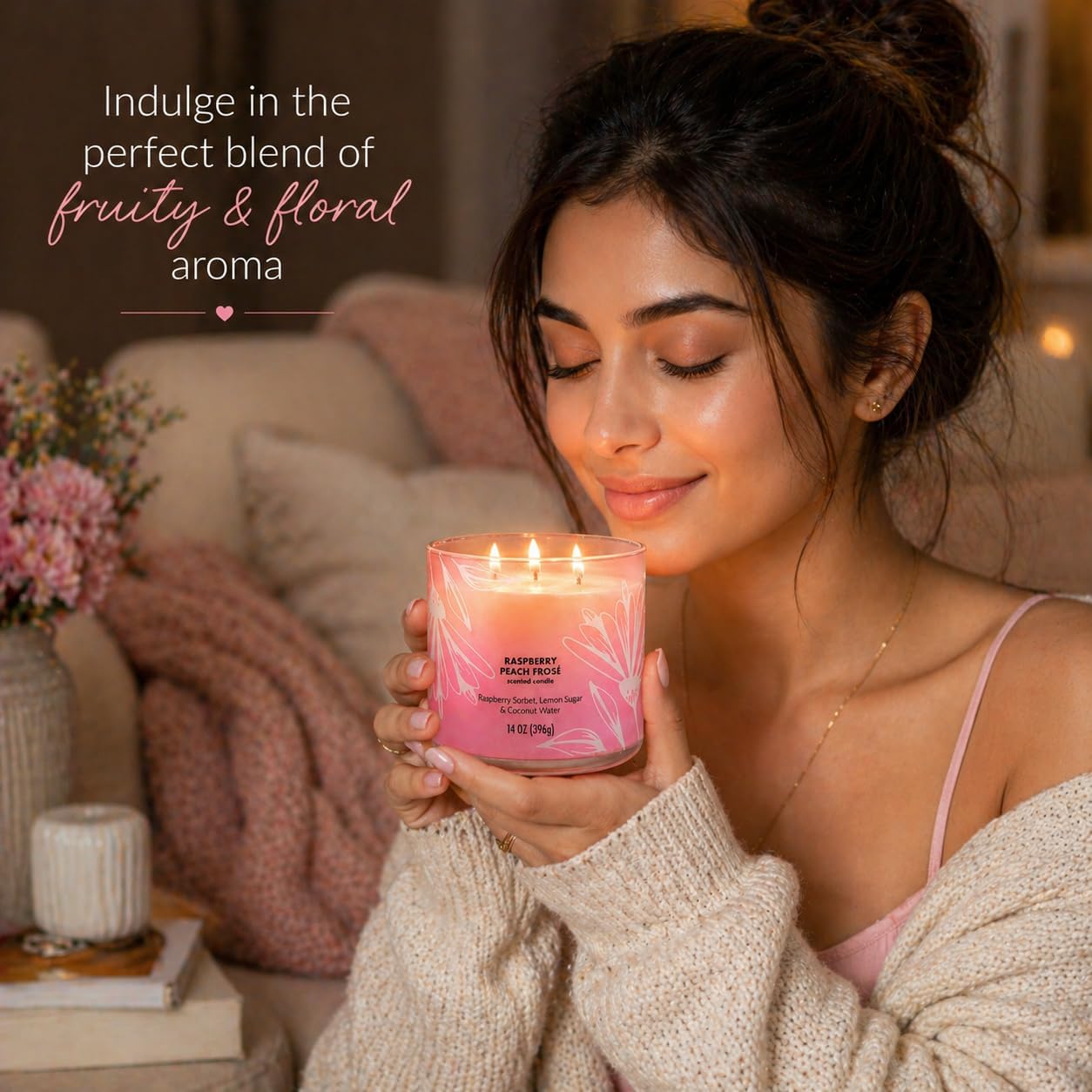 3 Wick Scented Candle, 14 oz, Ombre Glass Jar, Raspberry Peach Fragrance, Decorative for Living Room, Bedroom, and Gift