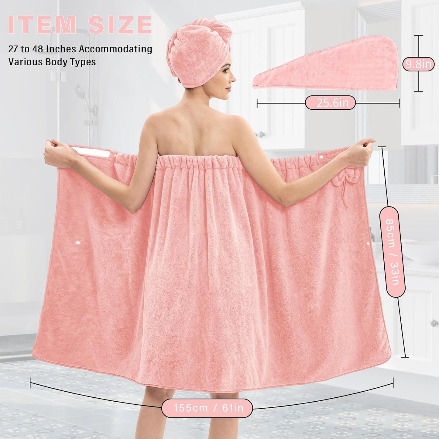 Bath Wrap Towels for Women – Adjustable Spa Shower Wrap with Super Absorbent Microfiber, Quick-Dry Body & Hair Towel Set for Home, Hotel, Beach, Pool, Gym, Travel Pink