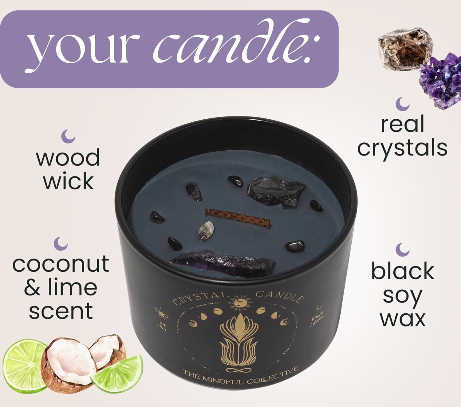 Large Candles for Women - 12oz Soy Wood Wick Candles that Crackle with Crystals and Healing Stones. Non-Toxic Scented, Luxury Aromatherapy (Crystal Black Candle)