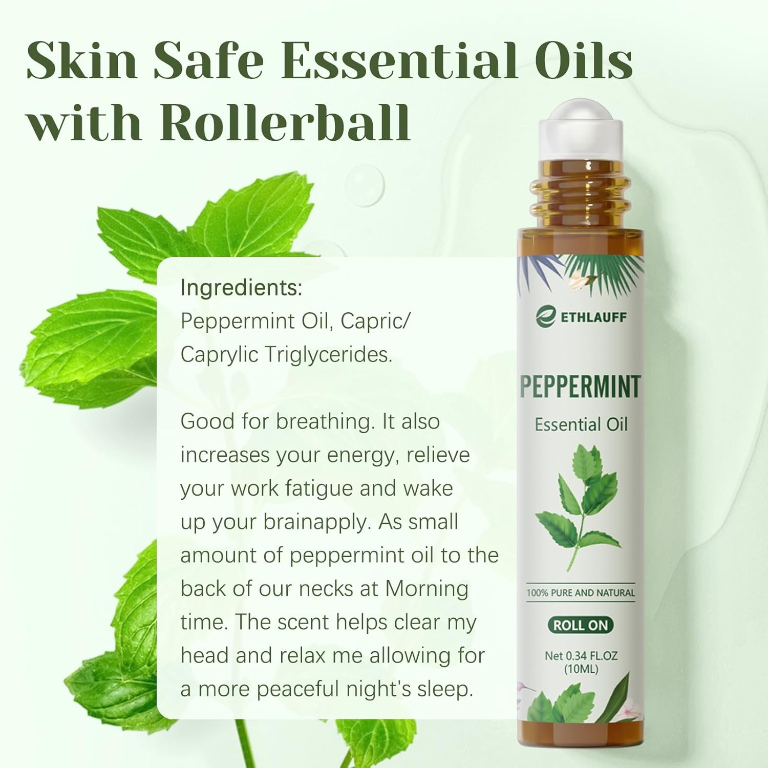 Peppermint Essential Oil Roll On, Natural Aromatherapy Oil Blend Roller with Fresh Minty Aroma - Headache, Stress Relief, Self Care Gifts for Women