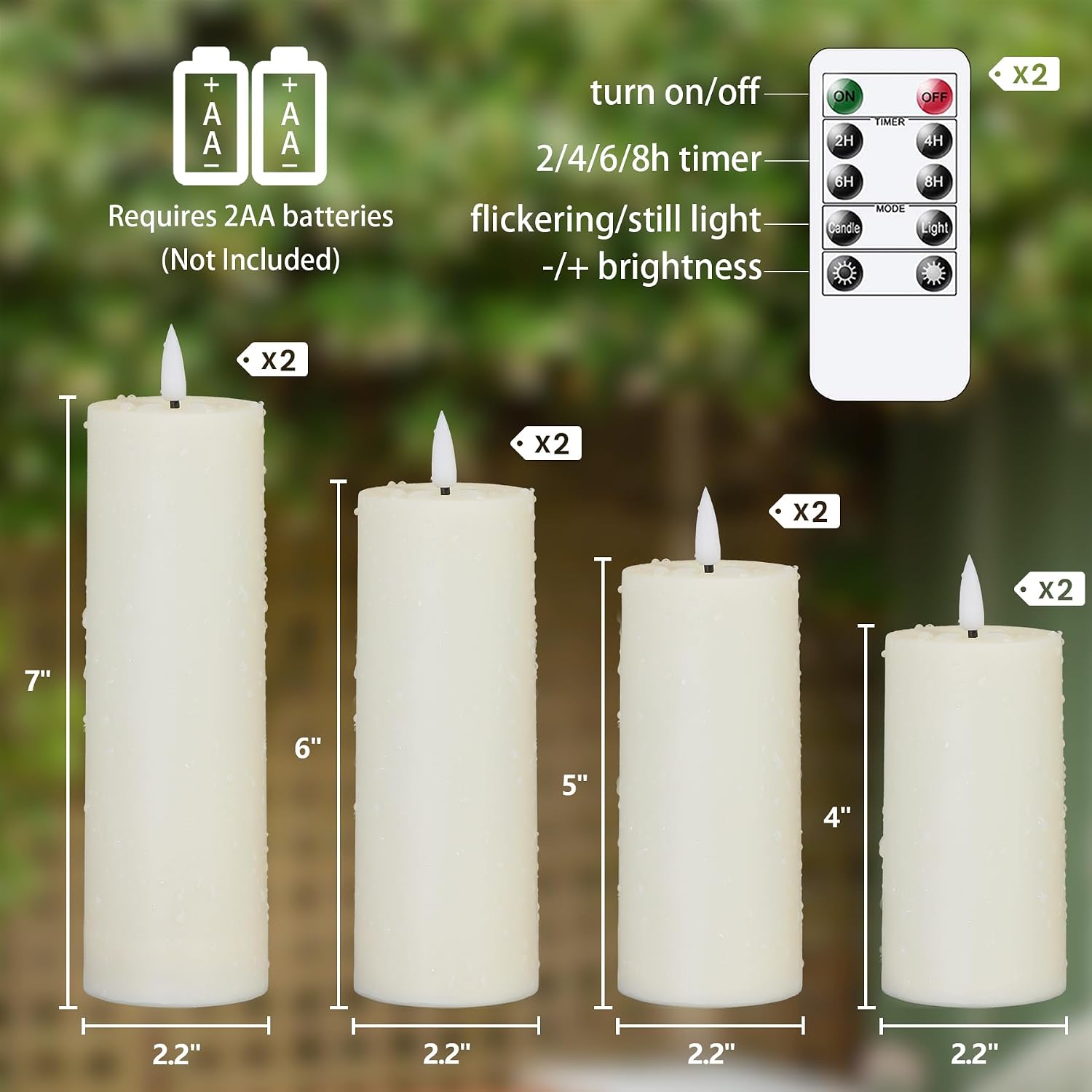 Flameless Waterproof 2.2" x4" 4" 5" 5" 6" 6" 7" 7" Pillar Candles with Remote Control and Timer, LED Battery Operated Plastic Ivory Pack of 8 Outdoor Flickering Warm Light