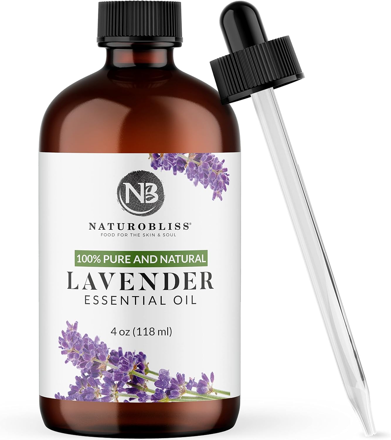 NaturoBliss Lavender Essential Oil with Glass Dropper - 100% Pure and Natural - Essential Oils for Diffuser, Aromatherapy, Soap and Candle Making, Lavender Essential Oil Pure, Lavender Oil, 4 Fl Oz