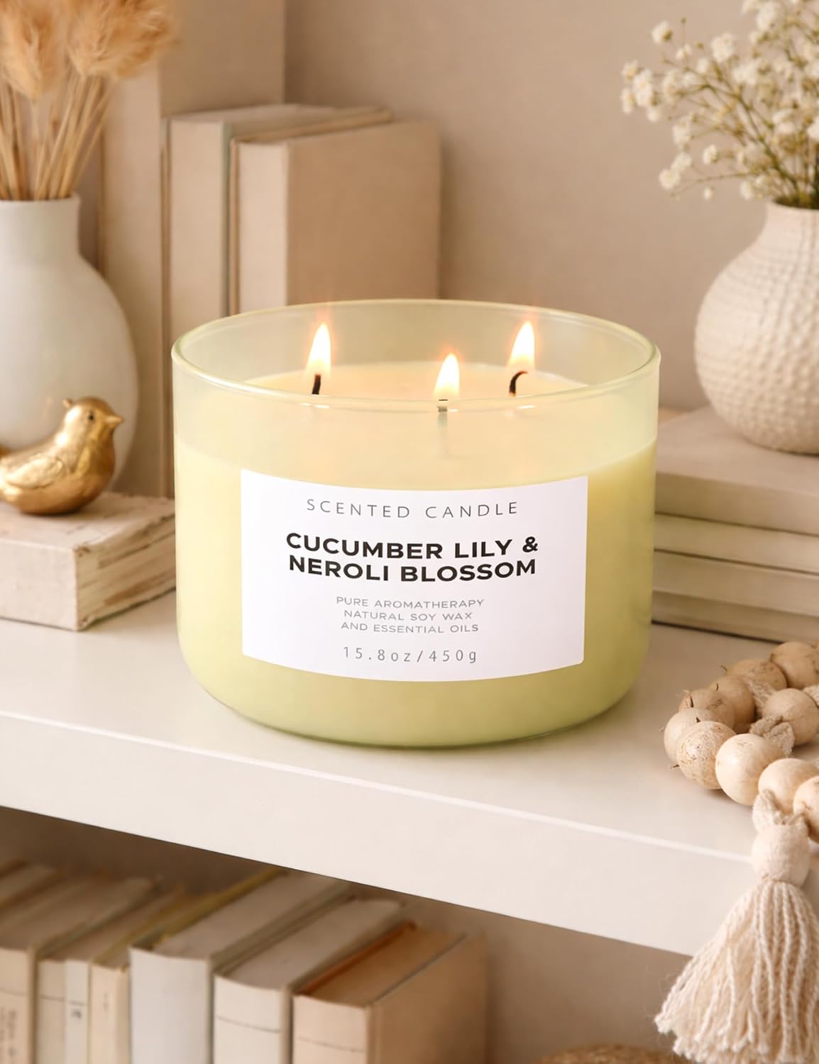 Cucumber Lily Neroli Blossom Candle | 3-Wick Large Soy Candle 15.8 oz | Fresh Cucumber Aromatherapy Candle for Women | Calming Floral Citrus Spa Scent | Long Lasting Clean Burn