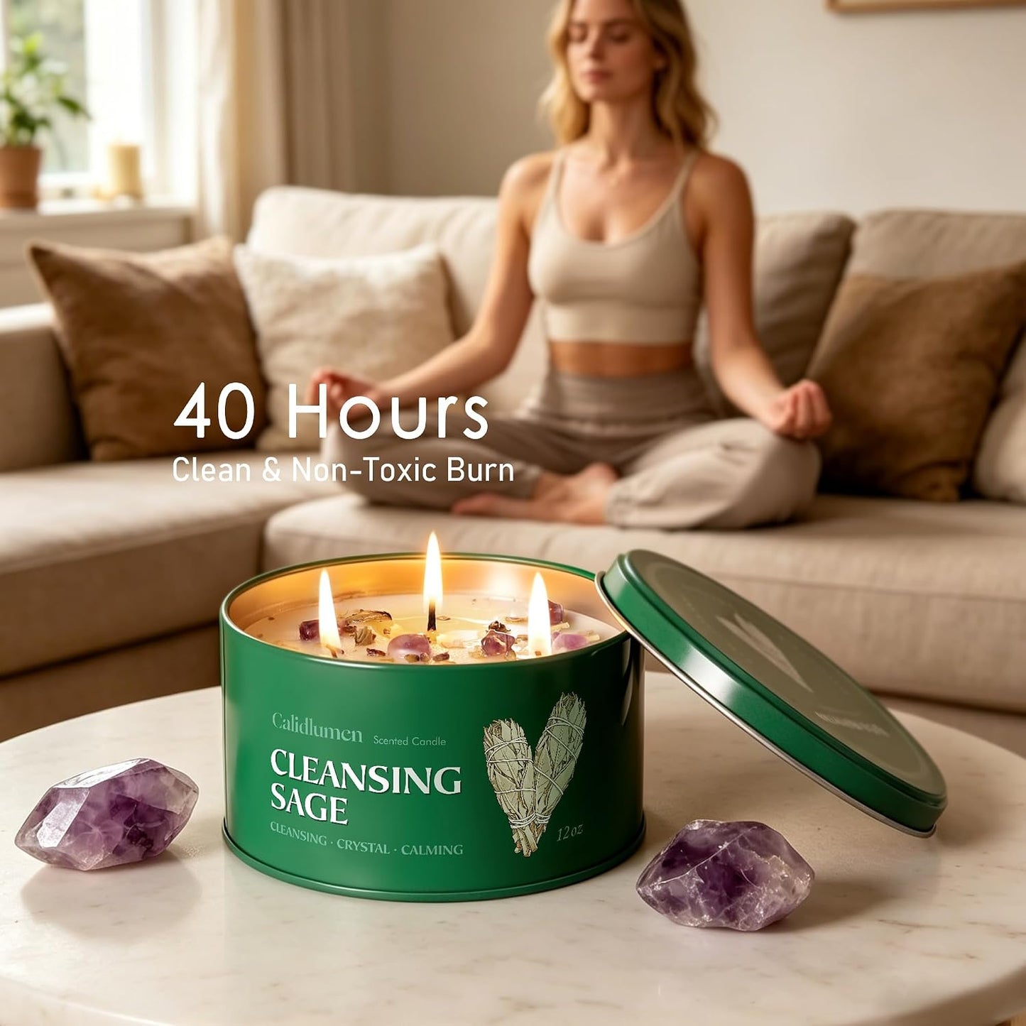 Sage Candle for Cleansing - 3 Wick 24 oz 2PC Soy Candle with Crystal and White Sage Crumbles, Organic Sage Candles Cleansing House Negative Energy