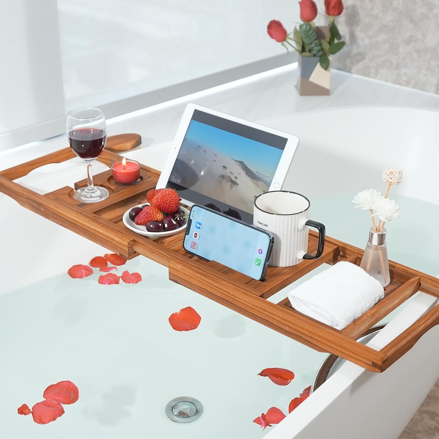 VaeFae Premium Teak Bathtub Tray and Teak Shower Corner Bench Small