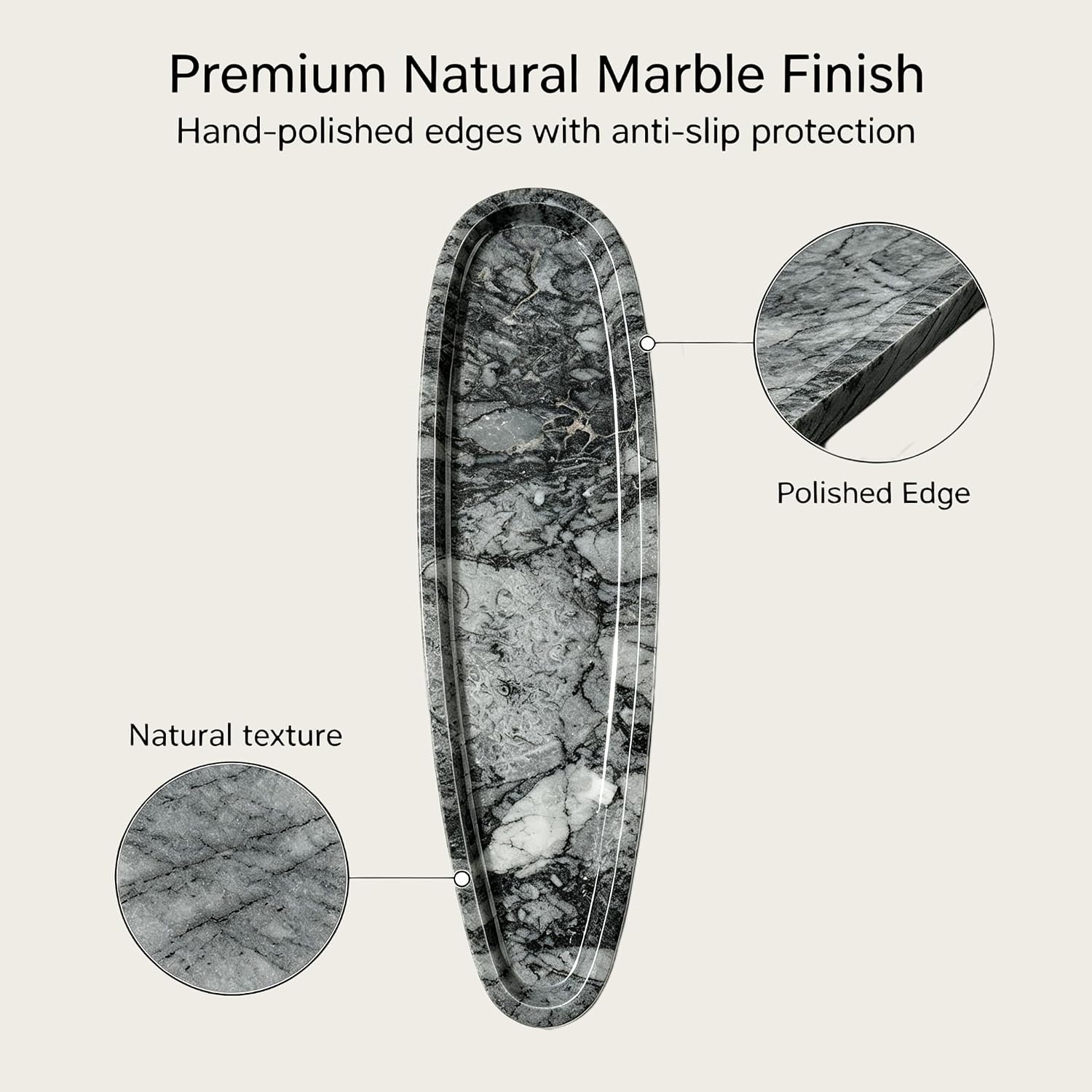 Natural Marble Vanity Tray, 16.6"x4.6" Grey Real Stone Decorative Tray for Bathroom Countertop & Home Decor, Catchall Organizer for Jewelry, Candles, Cosmetics & Perfume（Grey）