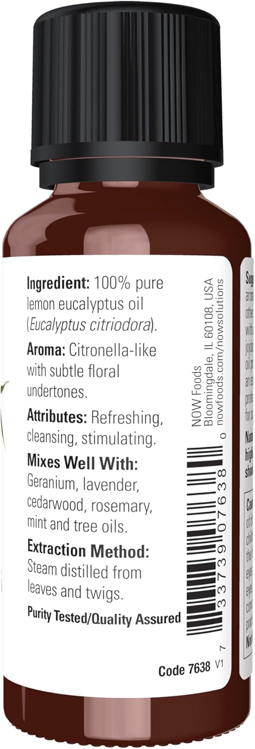 NOW Essential Oils, Lemon Eucalyptus Oil, Refershing Aromatherapy Scent, Steam Distilled, 100% Pure , Vegan, Child Resistant Cap, 1-Ounce