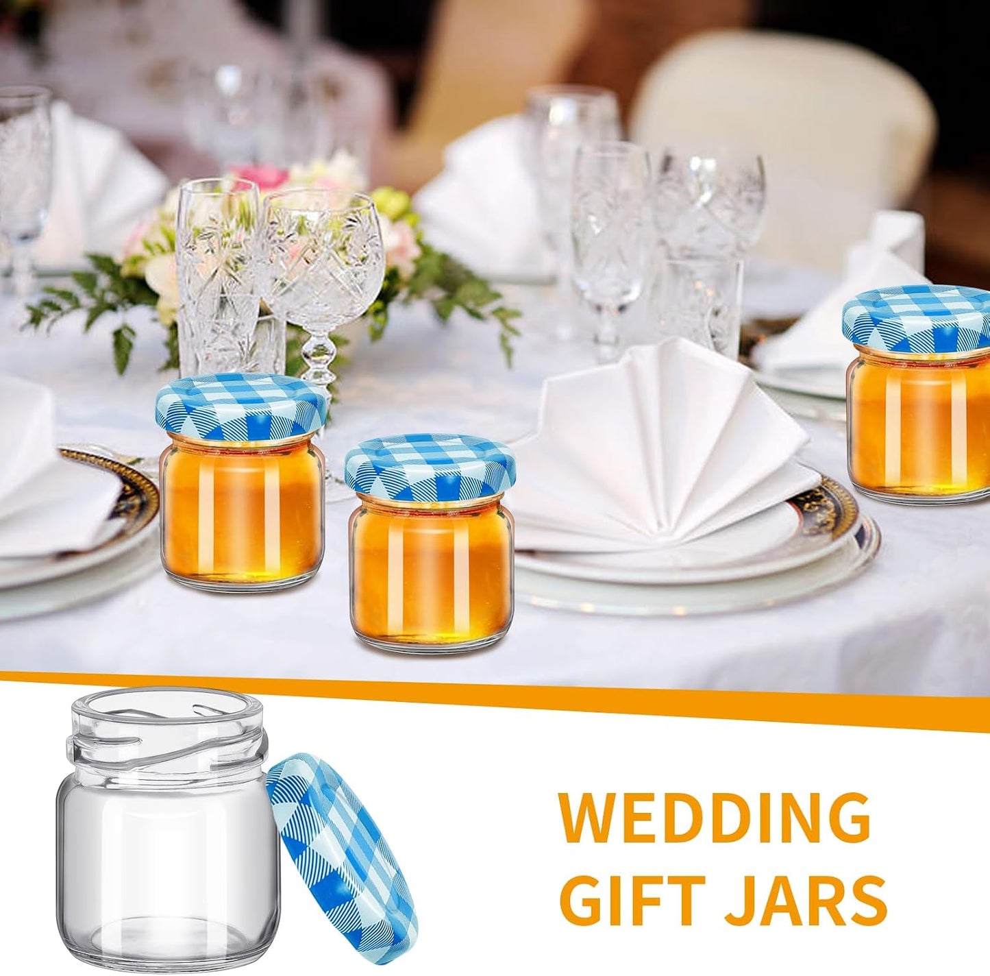 20Pack 1.5 oz Round Mini Clear Honey Jars for Wedding Favor, Baby Shower,45ml Small Glass Favor with Airtight Lids, Gift Jars, Sample Body Butter, Jam, Spices, Herbs, Candy, Candle (Blue grid lid)