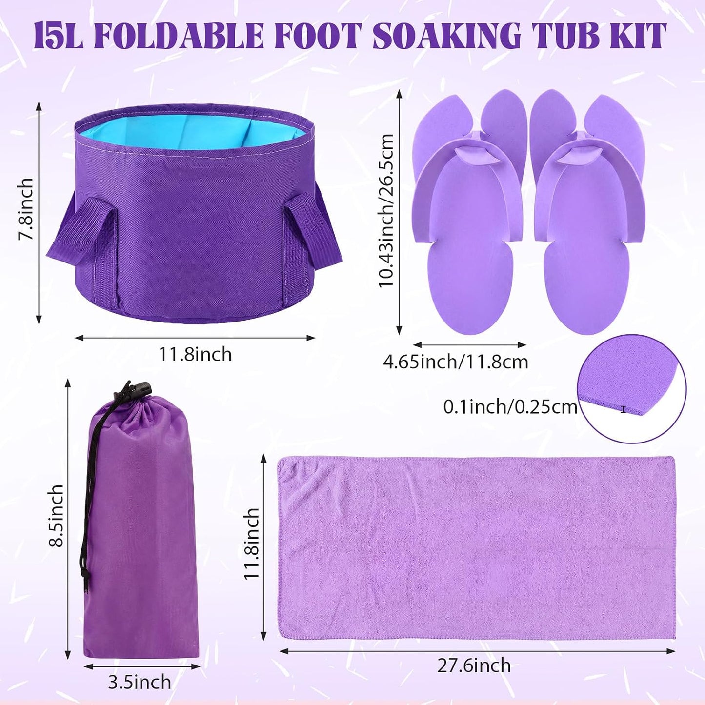 FillTouch 6 Sets Foldable Foot Bath Kit 15L Collapsible Foot Soaking Tub Bathroom Towels Women Adult Foldable Slippers with Storage Bag Spa Soak Pedicure Bath for Travel Camping (Purple)