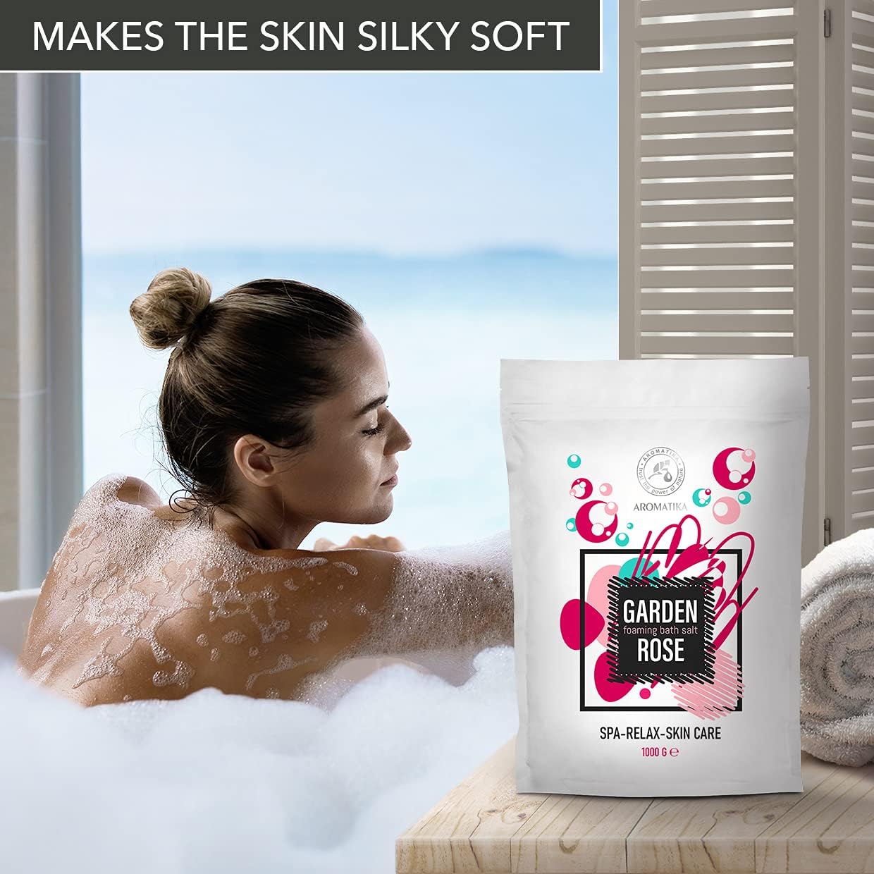 Foaming Bath Sea Salt Rose 35 Oz - 1000g - Bubble Bath Salts with Almond & Rosewood Essential Oil & Rosa Damascena Flower Extract for Bath Soak - Relaxing Bath - Aromatherapy Bath Salts