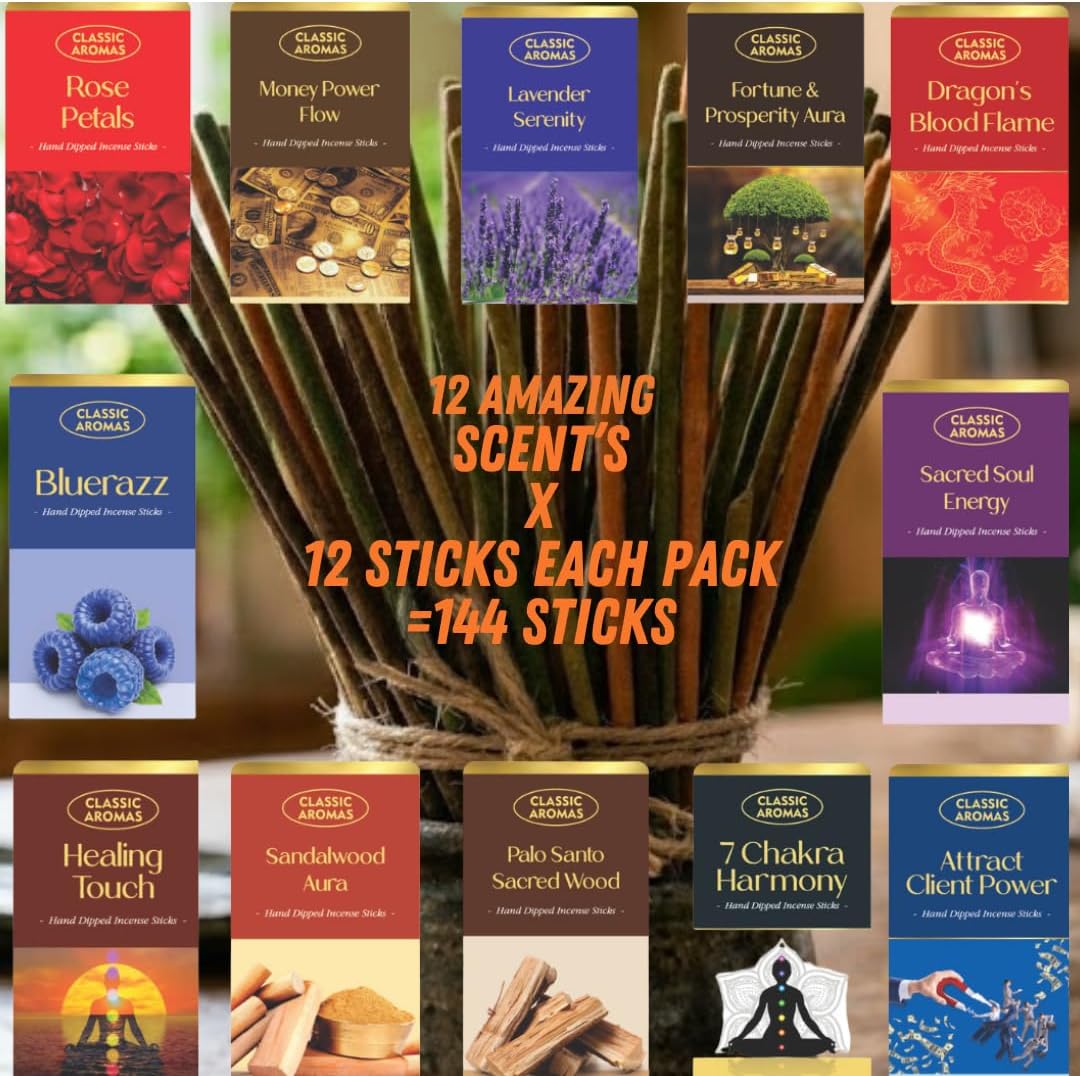 The Strongest Hand Dipped Incense Sticks, 144 Count,12 Scents Variety Pack, 11" Long | Home Fragrance | Long Lasting Aromatherapy Sticks | Lavender | Dragon's Blood | Sandalwood (12 Pack-144 Count)