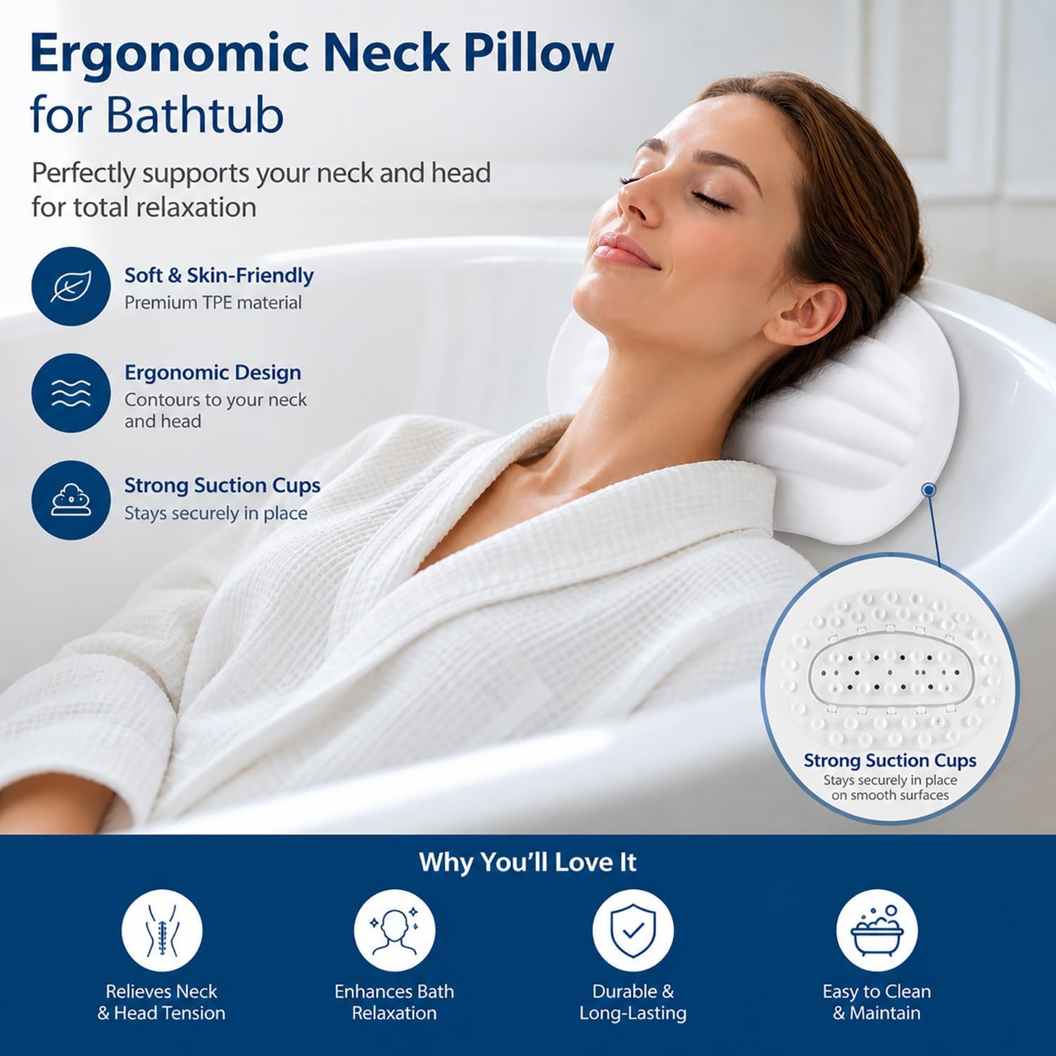 Small Bath Tub Neck Pillow, TPE Waterproof Suction Cups Bathtub Neck Pillow & Cushion, Ultra Thin, Lightweight Quick Drying Bath Accessories Spa Gifts for Women,White (13x9.6x1.6 Inch)