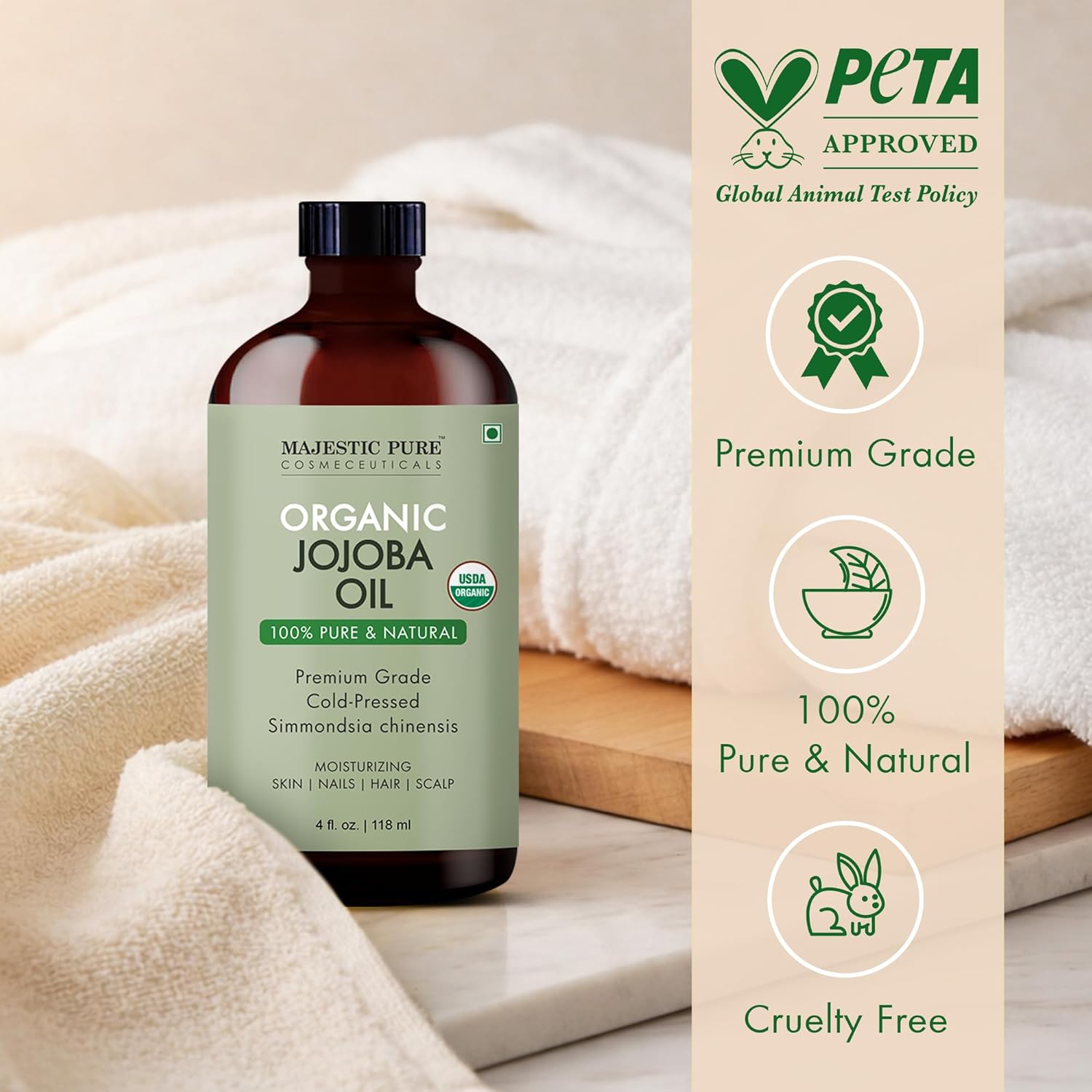 Majestic Pure Organic Jojoba Oil - 100% Pure & Natural - Premium Grade, Cold-Pressed, Hexane-Free Carrier Oil for Skin, Hair and Body - Moisturizing Skin, Hair and Scalp -4 Fl Oz