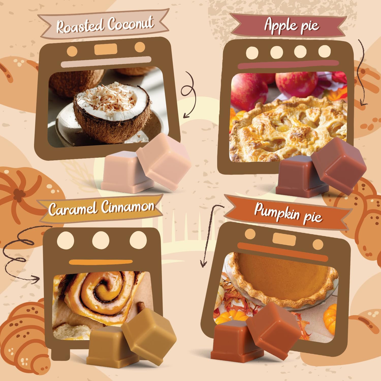 Bakery Scented Wax Melts, Sweet, Strong Scented Soy Wax Cubes/Tarts Variety Set - Apple Pie, Pumpkin Pie, Caramel Cinnamon, Chocolate Cookie, Donut, Vanilla Almond Biscuit, Roasted Coconut, Toffee