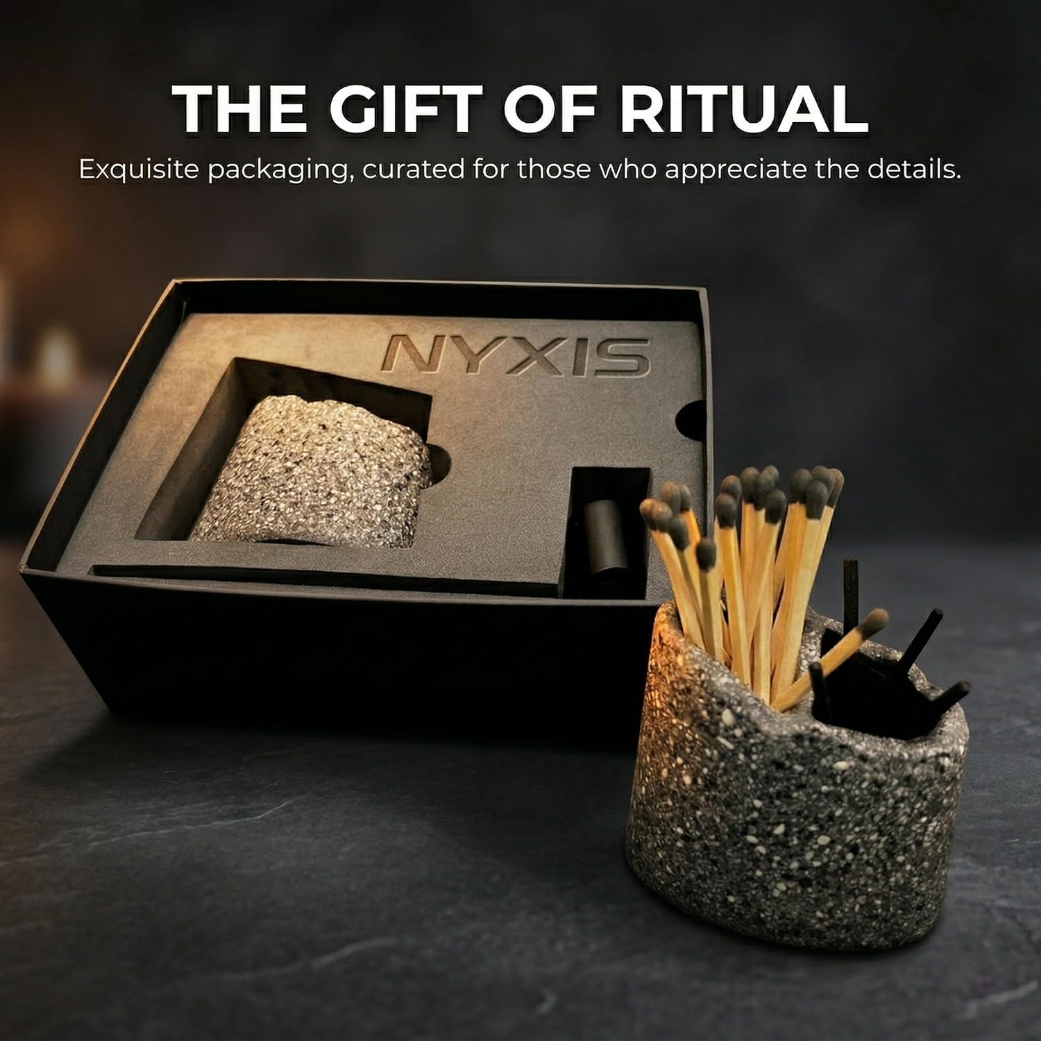 NYXIS Stone Match Holder with Striker & Candle Snuffer, Dual-Chamber Cast Stone Matchstick Holder for 3" & 4" Matches, Heavyweight Fireplace Decor, Gift Box, Dark Gray, Matches Not Included
