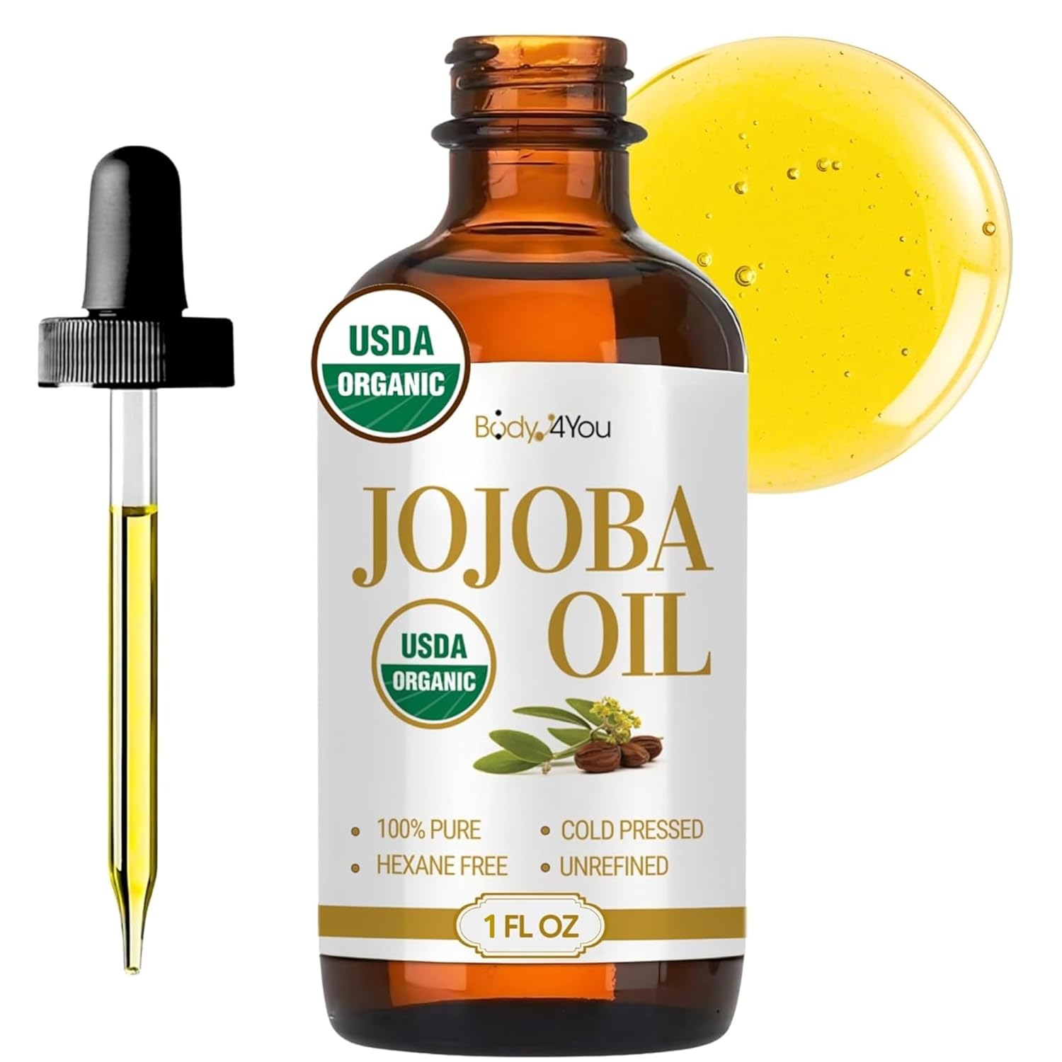 BodyJ4You Organic Jojoba Oil for Skin - USDA Organic 100% Pure Natural - Face Skin Gua Sha Facial Dermaplaning Hair Scalp Massage - Unrefined Cold Pressed Hexane Free - Base Carrier Wax - 1 Fl Oz