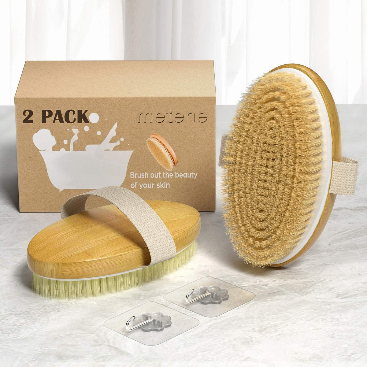Metene 2 Pack Dry Body Brushes, Exfoliating Body Scrubbers, Natural Bristles for Dry Skin, Improve Circulation, Stop Ingrown Hairs, Reduce Acne and Cellulite (G7130)