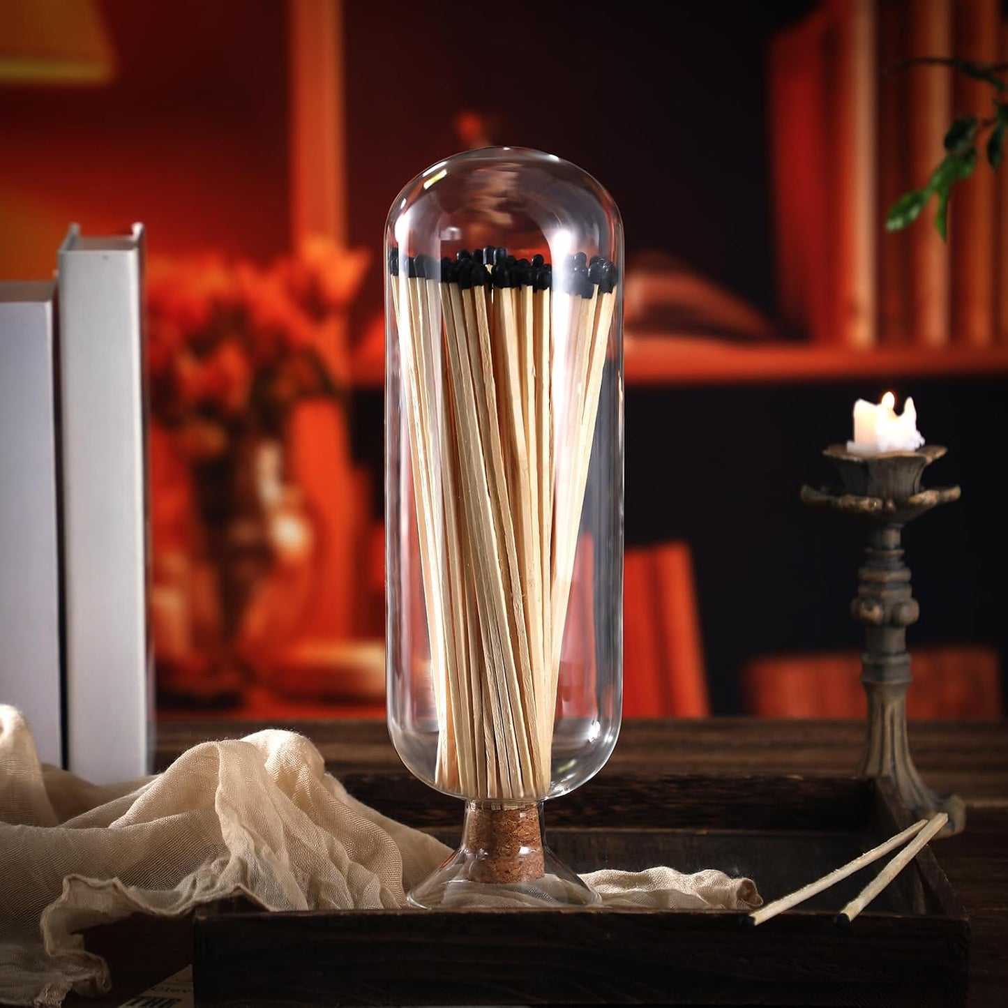 Extra Tall 11 Decorative Glass Matches Cloche Decorative Match Holder Jar for Candle Matches Trendy Fireplace Display Decor, Sticks Not Included