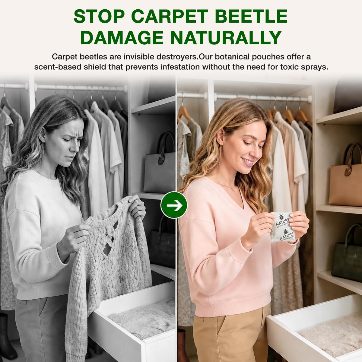 Carpet Beetle Repellent 8 Pack, Plant-Powered Cedarwood Sachets for Wool, Clothes, Fabrics, Pro-Active Deterrent for Carpet Beetle Larvae & Eggs, Long-Lasting Indoor Protection for Pest Control