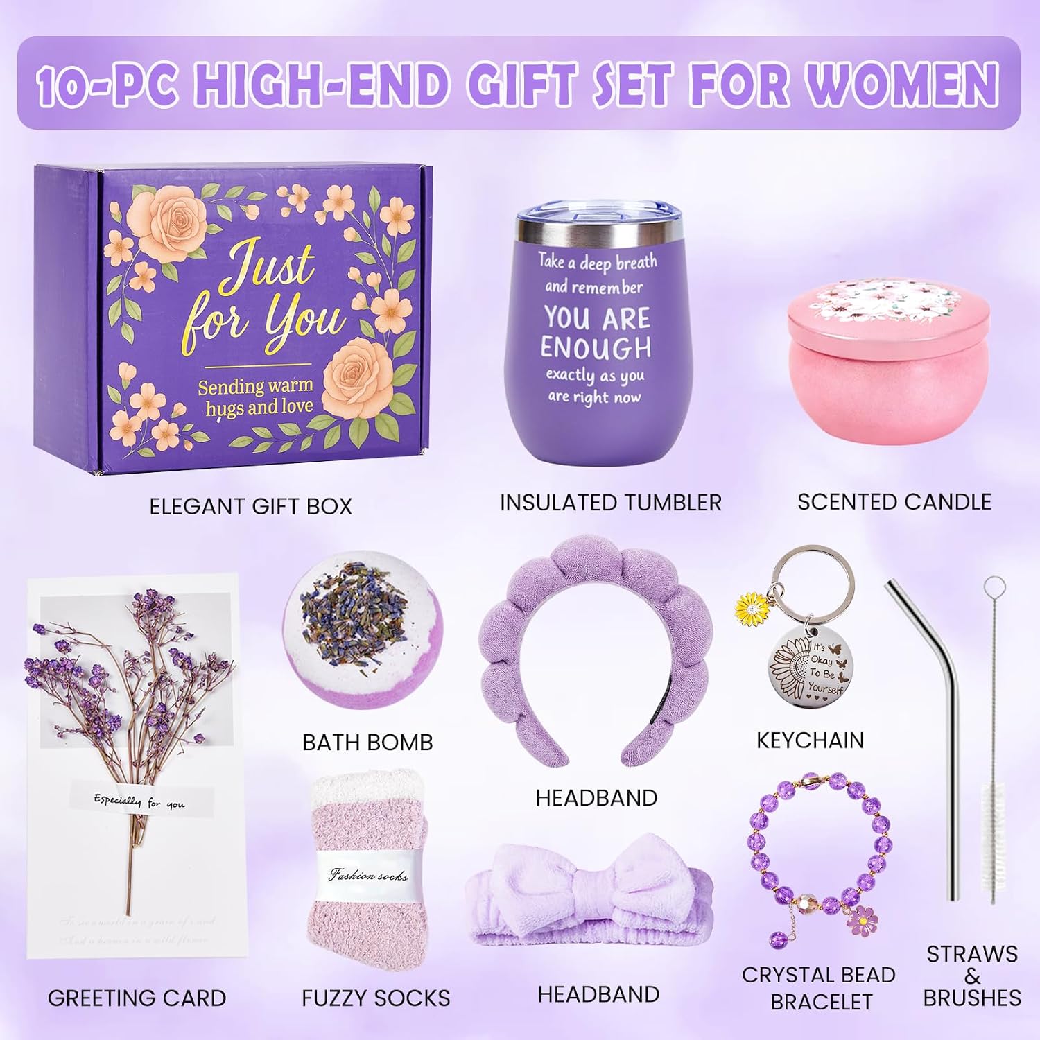 Cozy Self Care Gift Set for Her, with 12oz Insulated Mug, Spa Headband for Washing Face Set, Socks & Candle, Thoughtful Birthday Gift for Women andTeenge Girls