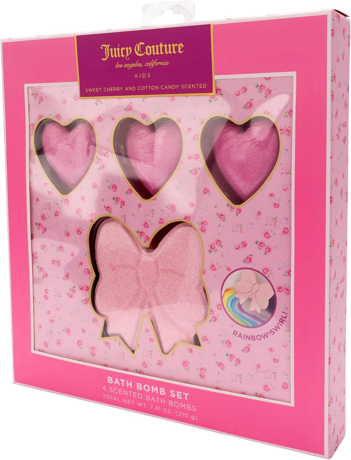 Juicy Couture Kids Scented Bath Bomb 4 Pack Set, Bow and Heart Shapes with Sweet Cherry and Cotton Candy Scent