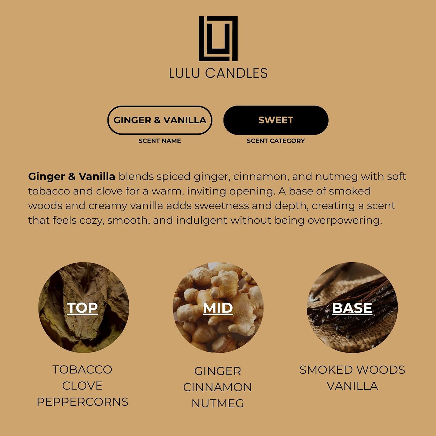 Lulu Candles | Ginger & Vanilla | Smells Sweet & Spicy | Luxury Scented Soy Jar Candle | Hand Poured in The USA | Highly Scented Long Lasting (9 Oz.)