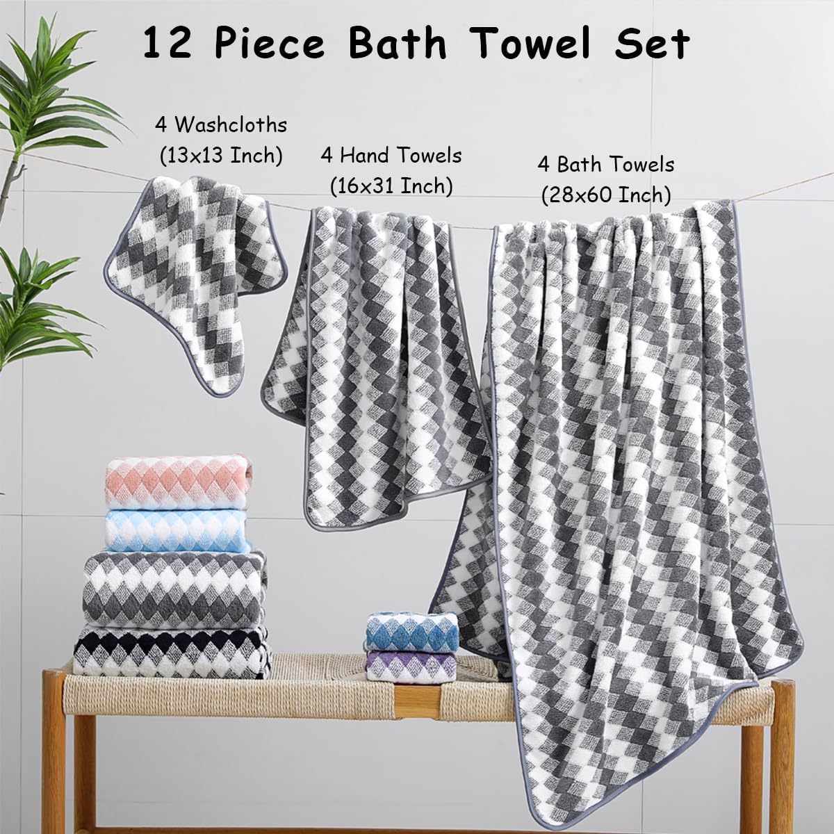 12 Pcs Gray White Diamond Towel Set-4 Bath Towels,4 Hand Towels,4 Washcloths Soft Polyester Towels with Loop Absorbent Shower Towel Quick Dry Beach Chair Towel Family Towels for Bathroom Spa Gym Pool