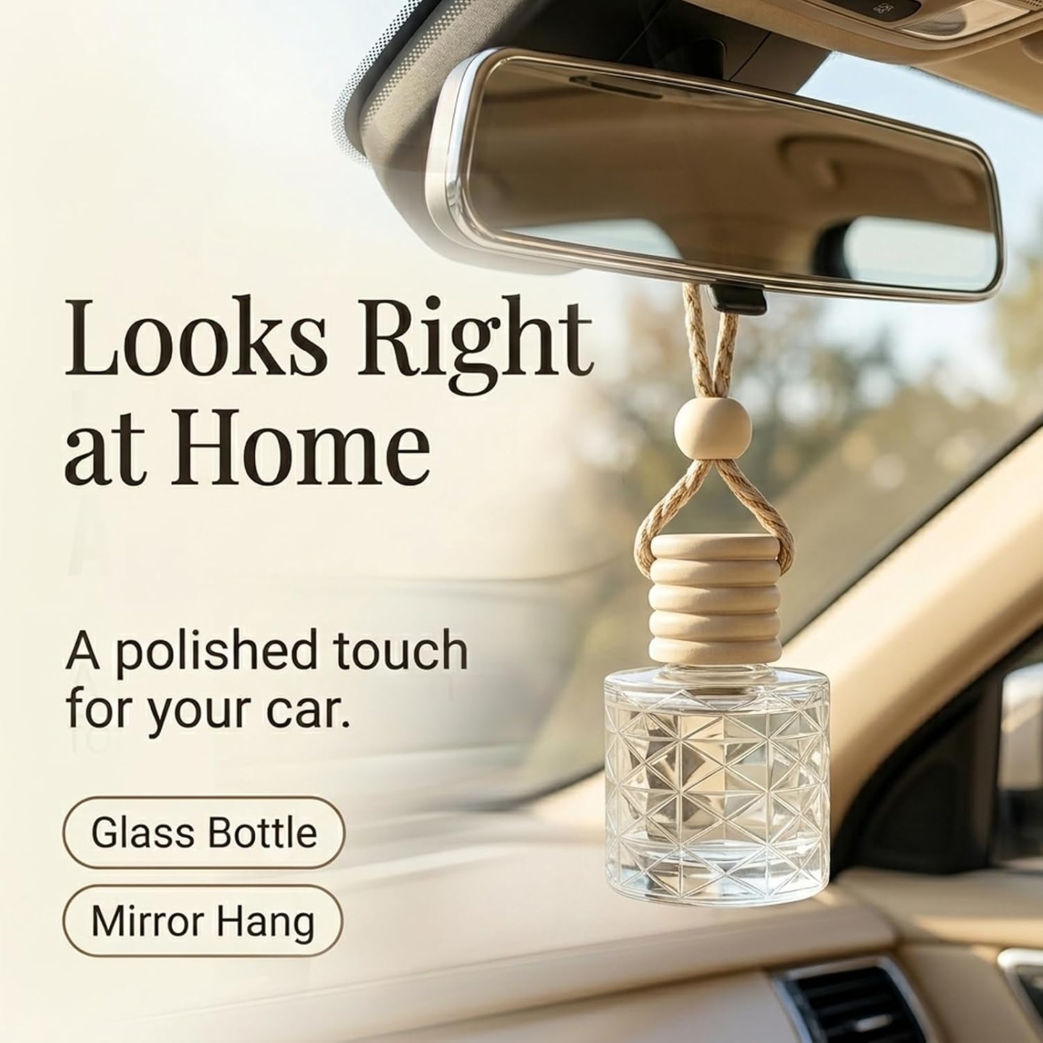 Hanging Car Air Freshener Diffuser, White Jasmine Essential Oil Car Freshener, Rearview Mirror Car Diffuser, Cute Glass Car Accessory for Women, Long Lasting Car Interior Freshener